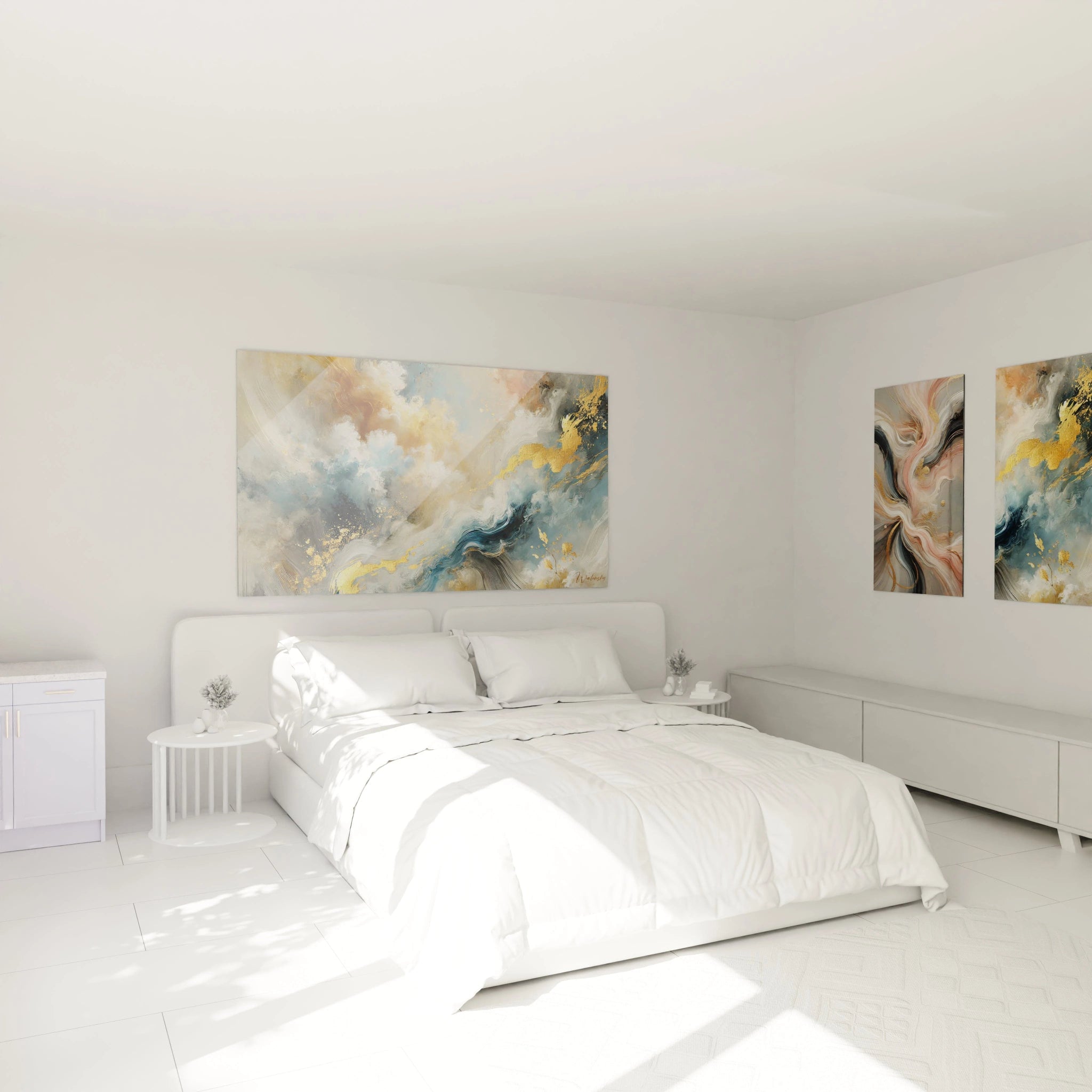 Sublimez votre chambre avec ce tableau peinture abstrait accroché au-dessus du lit. Son inspiration tirée du ciel et des nuages apporte une atmosphère douce et relaxante, idéale pour favoriser la paix intérieure.


