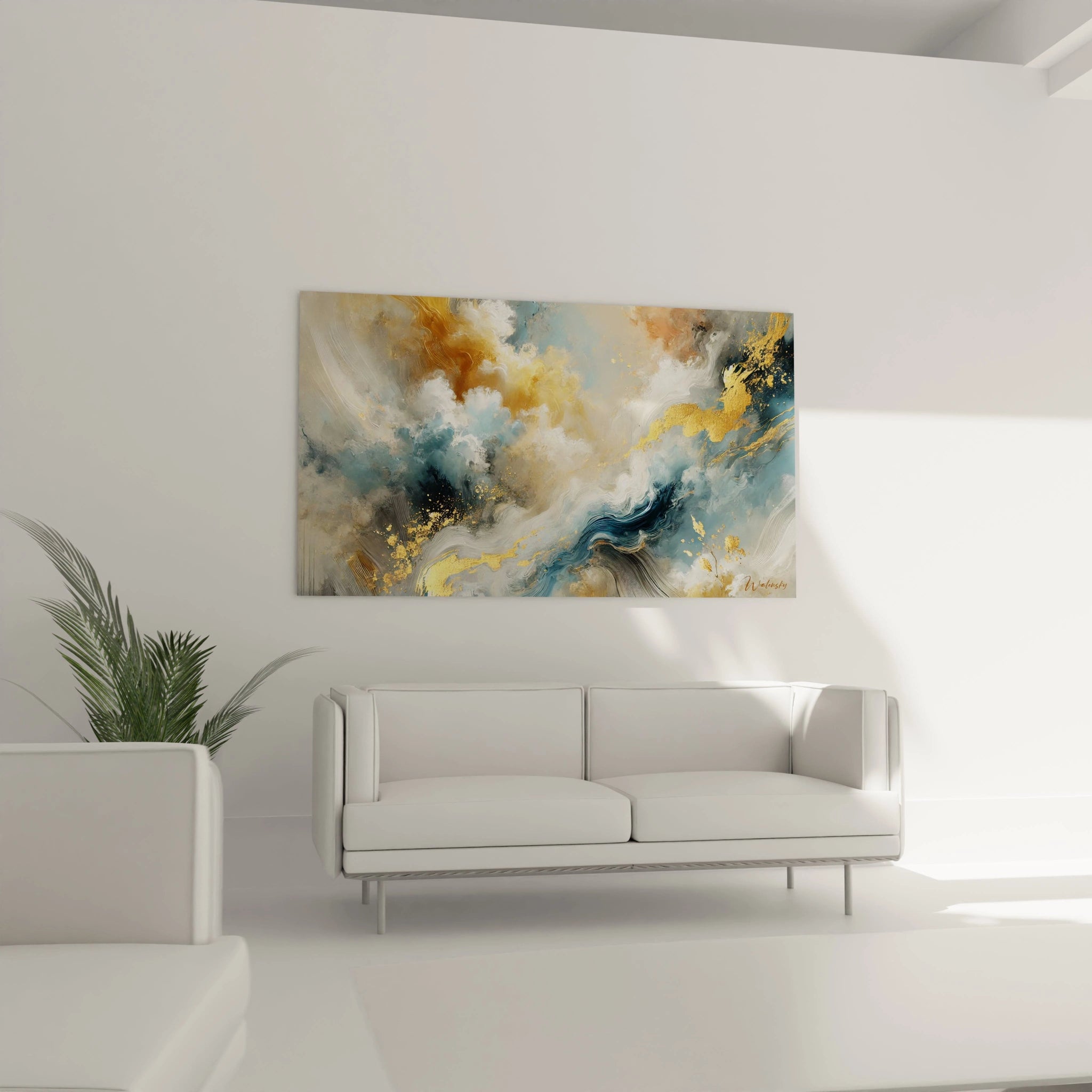 Ce tableau peinture abstrait s'intègre parfaitement dans un salon, au-dessus d'un canapé. Il ajoute une touche de poésie, ses volutes dorées et bleutées créant une ambiance douce et inspirante.

