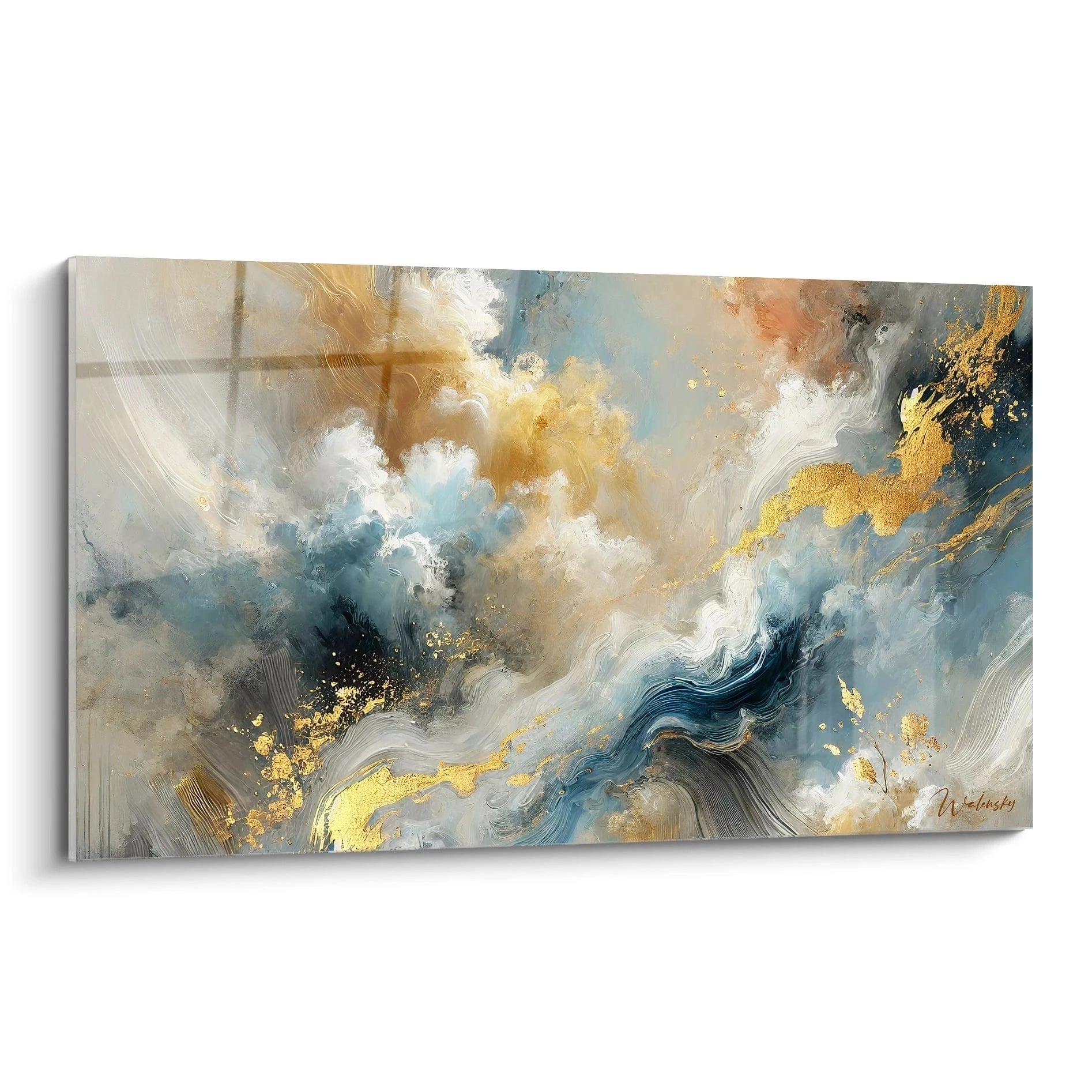 Ce tableau peinture abstrait capture la danse des nuages dans un ciel mouvant, apportant équilibre entre puissance et douceur à votre intérieur. Vue de biais, découvrez l'harmonie des couleurs dorées et bleues.

