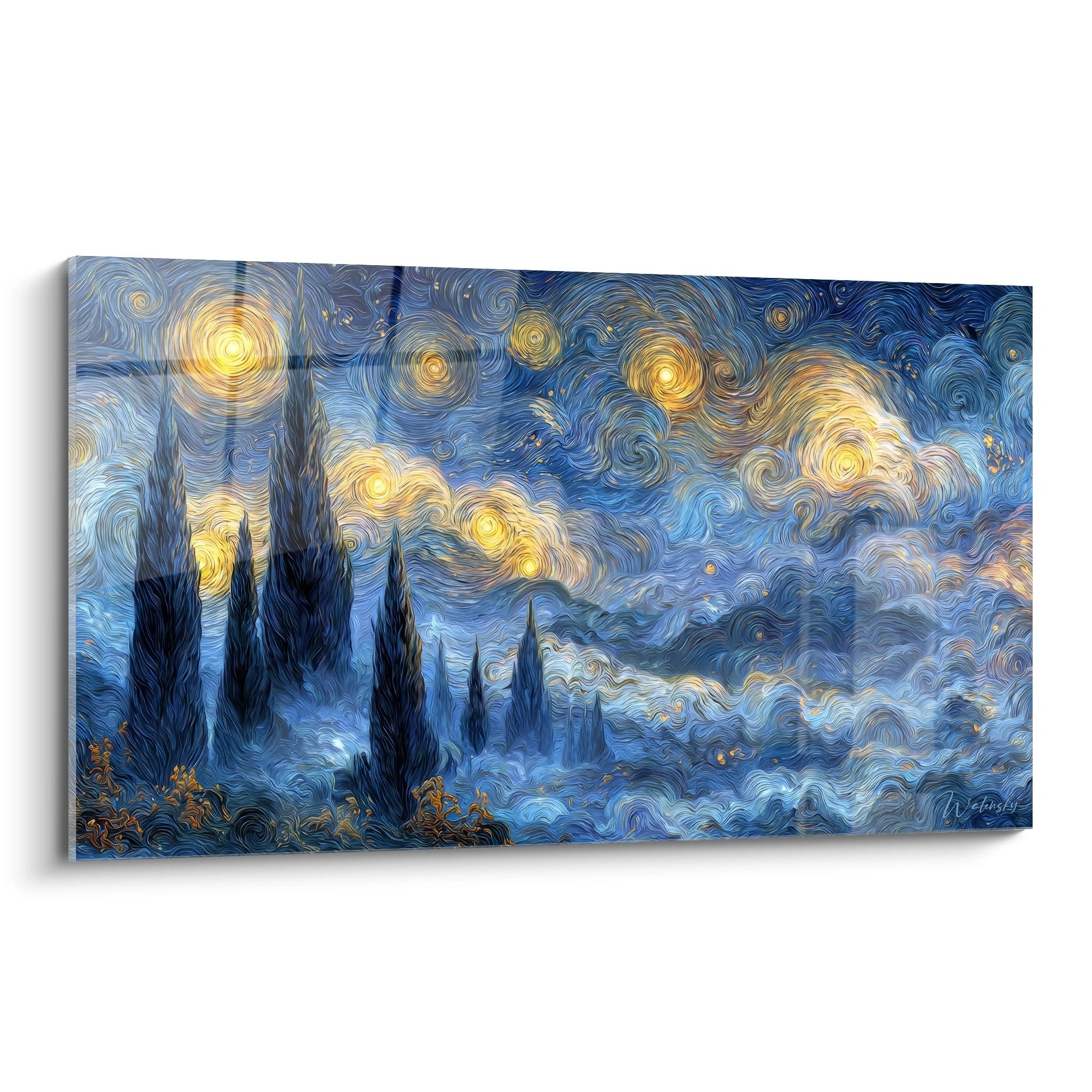 Tableau mural nuit étoilée avec cyprès et tourbillons dorés, style impressionniste paysage céleste