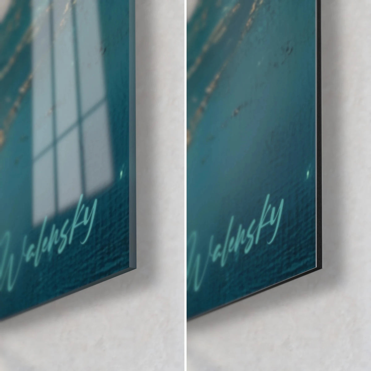 Wall art starry shoreline, bottom right corner: glossy acrylic glass and matte Dibond aluminum, 3 mm edge, teal blue and gold
