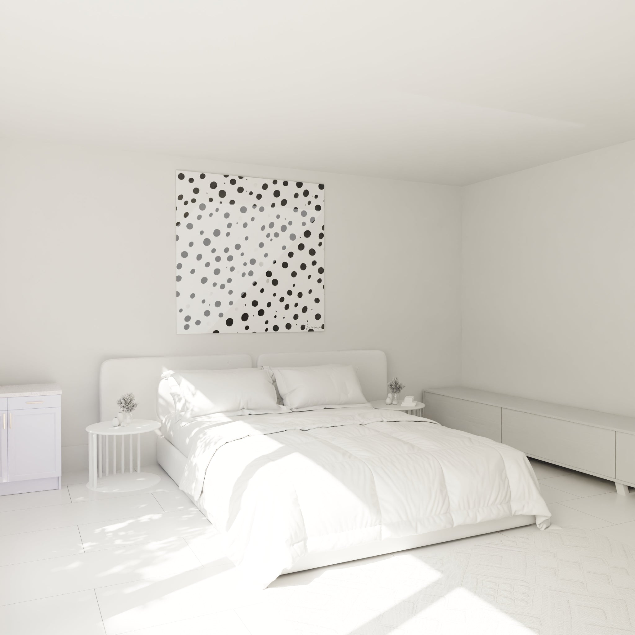Tableau tacheté noir et blanc de Walensky accroché au mur d'une chambre moderne et lumineuse