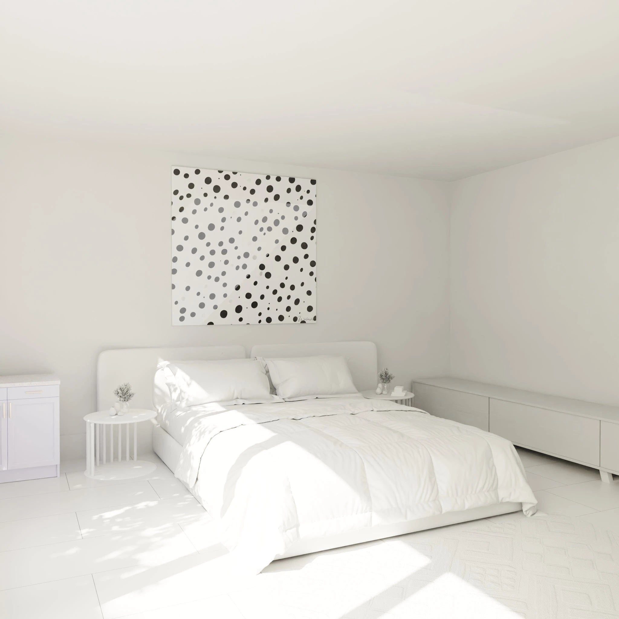 Tableau tacheté noir et blanc de Walensky accroché au mur d'une chambre moderne et lumineuse