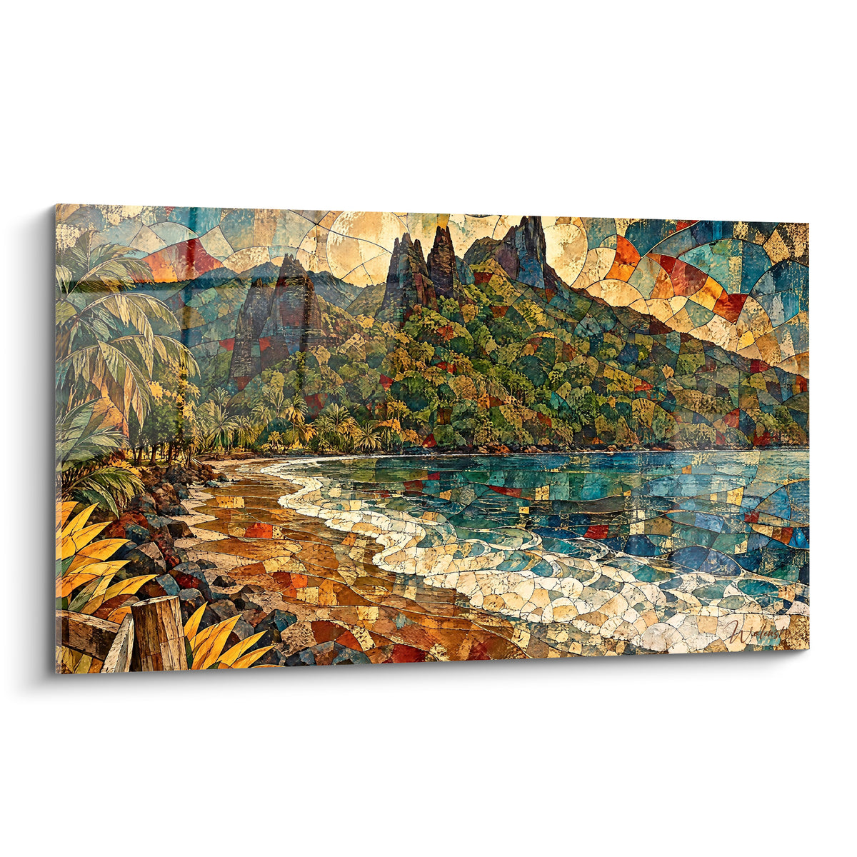 Baie de Nuku Hiva en mosaïque turquoise et ocre, pics volcaniques et plage sableuse fragmentés