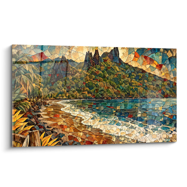 Tableau Baie volcanique aux mosaïques turquoise et ocre - Rivage fragmenté - Edition Nuku Hiva Polynésie française France