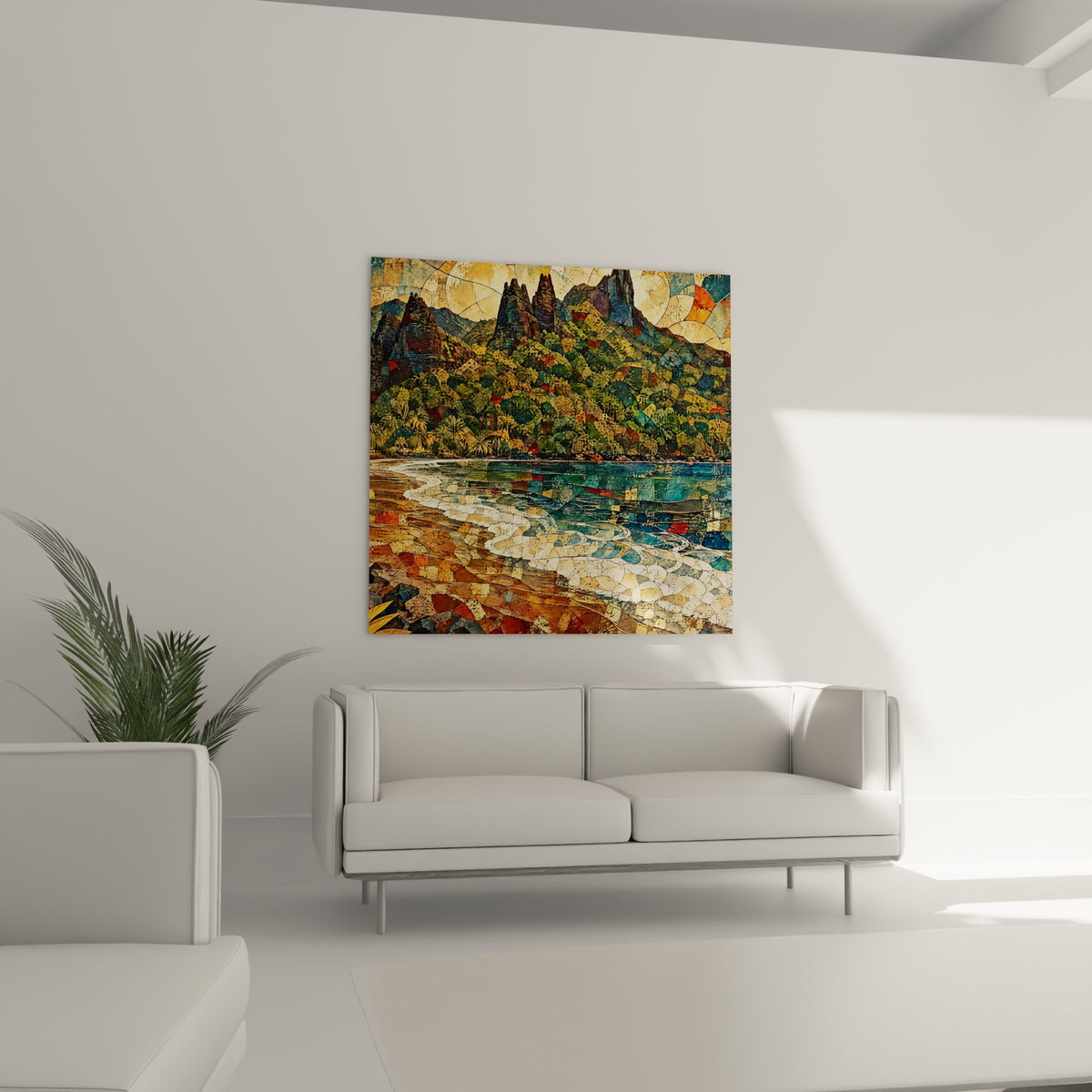 Paysage de Nuku Hiva en camaïeu bleu marine et vert olive au-dessus d'un canapé dans un salon lumineux