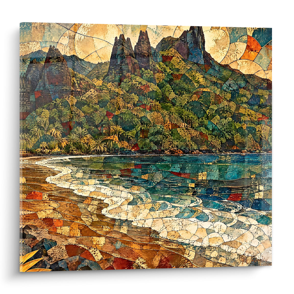Pitons volcaniques verts et baie turquoise de Nuku Hiva en mosaïque ocre et terracotta