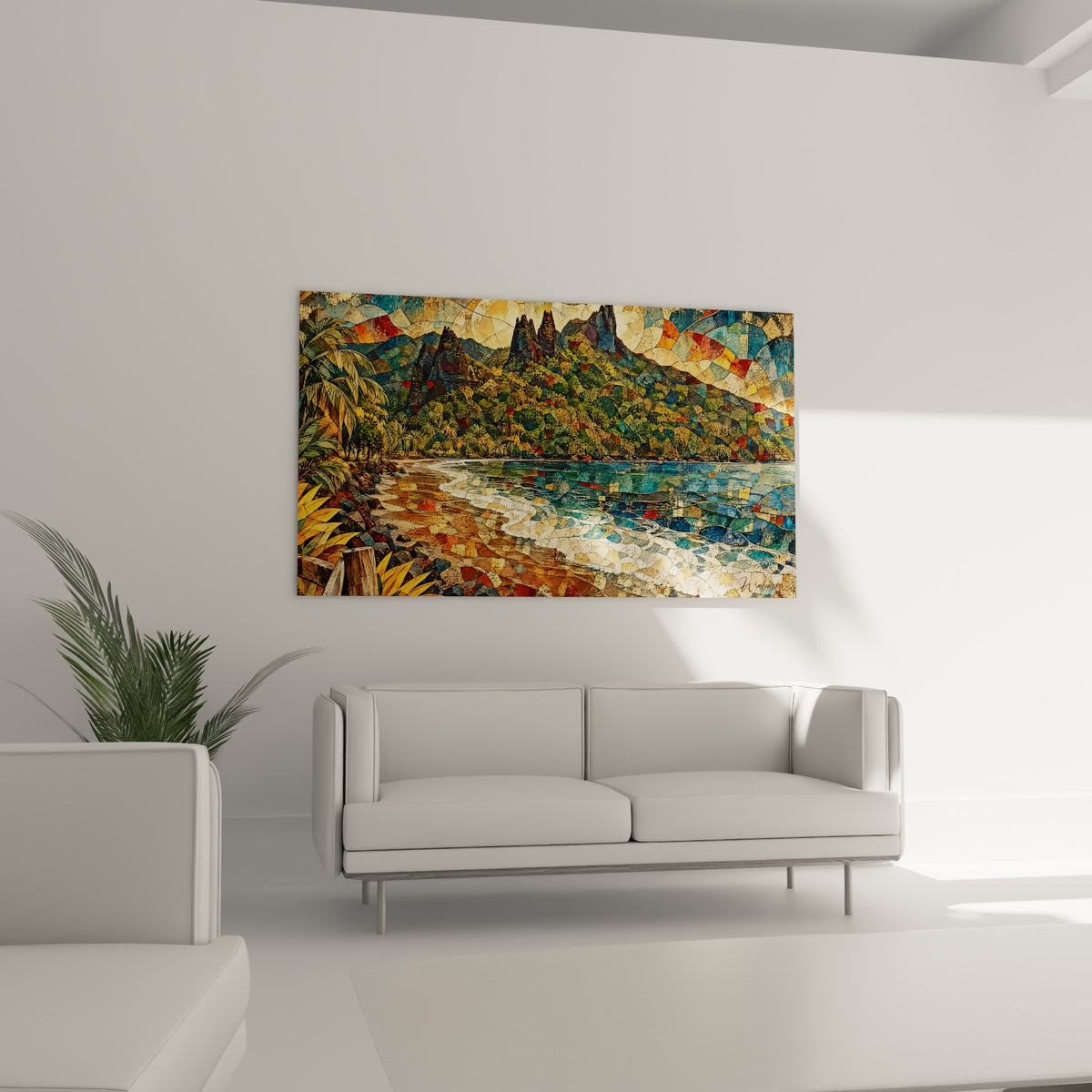 Plage ocre et mer bleu profond fragmentées en vitrail, au-dessus d'un canapé dans un salon lumineux