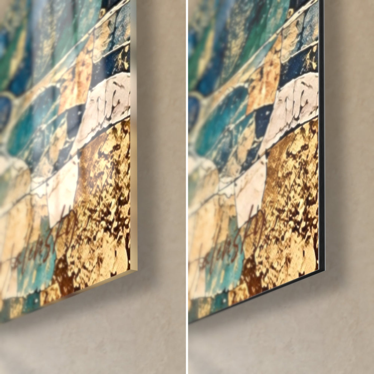 Gemälde Küste aus Mosaik-Tesserae in Türkis und Gold, untere rechte Ecke, glänzendes Acrylglas und mattes Dibond-Aluminium, 3 mm Stärke