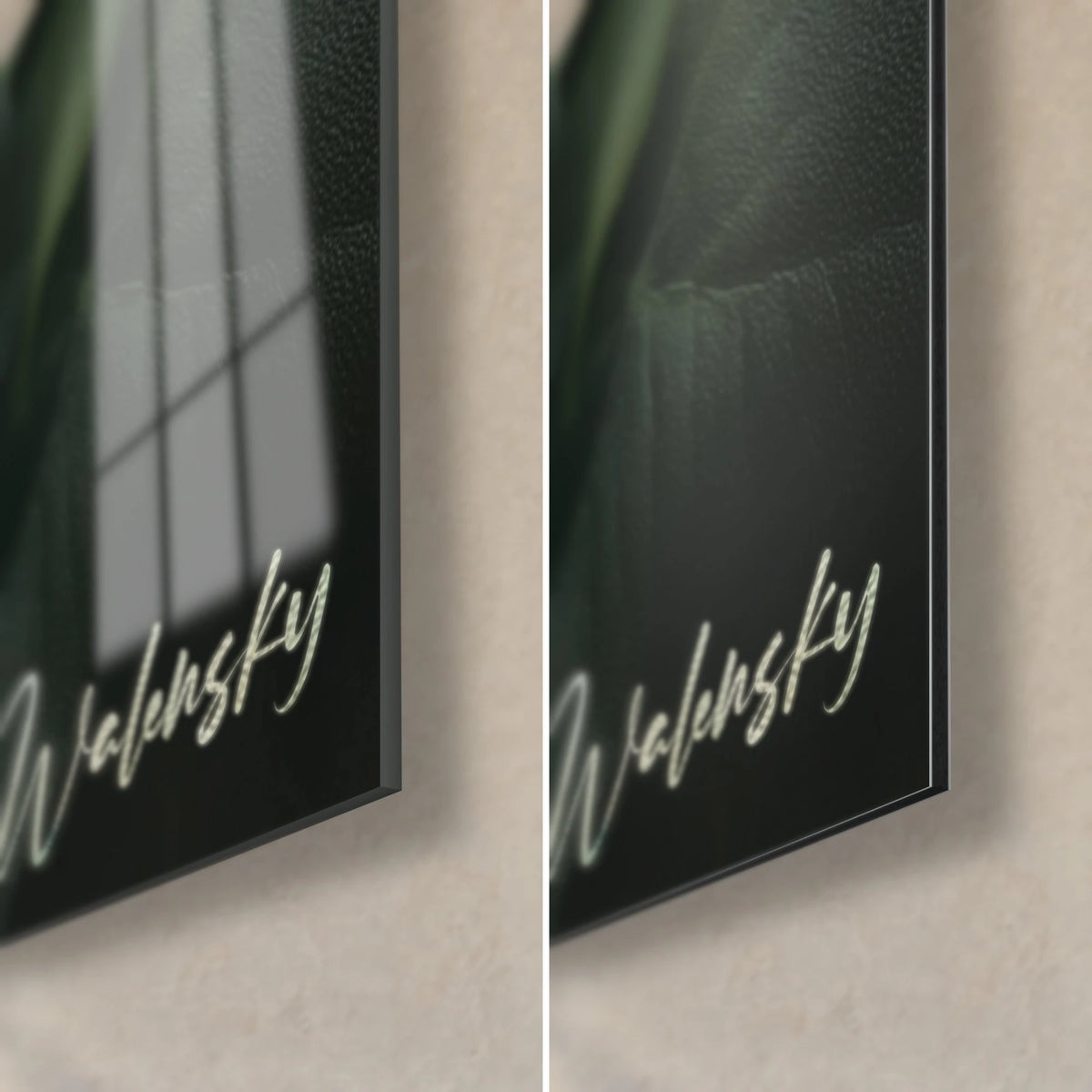 Cuadro ninfa de hojas, esquina inferior derecha: cristal acrílico brillante con reflejos, aluminio Dibond negro mate, firma Walensky en blanco