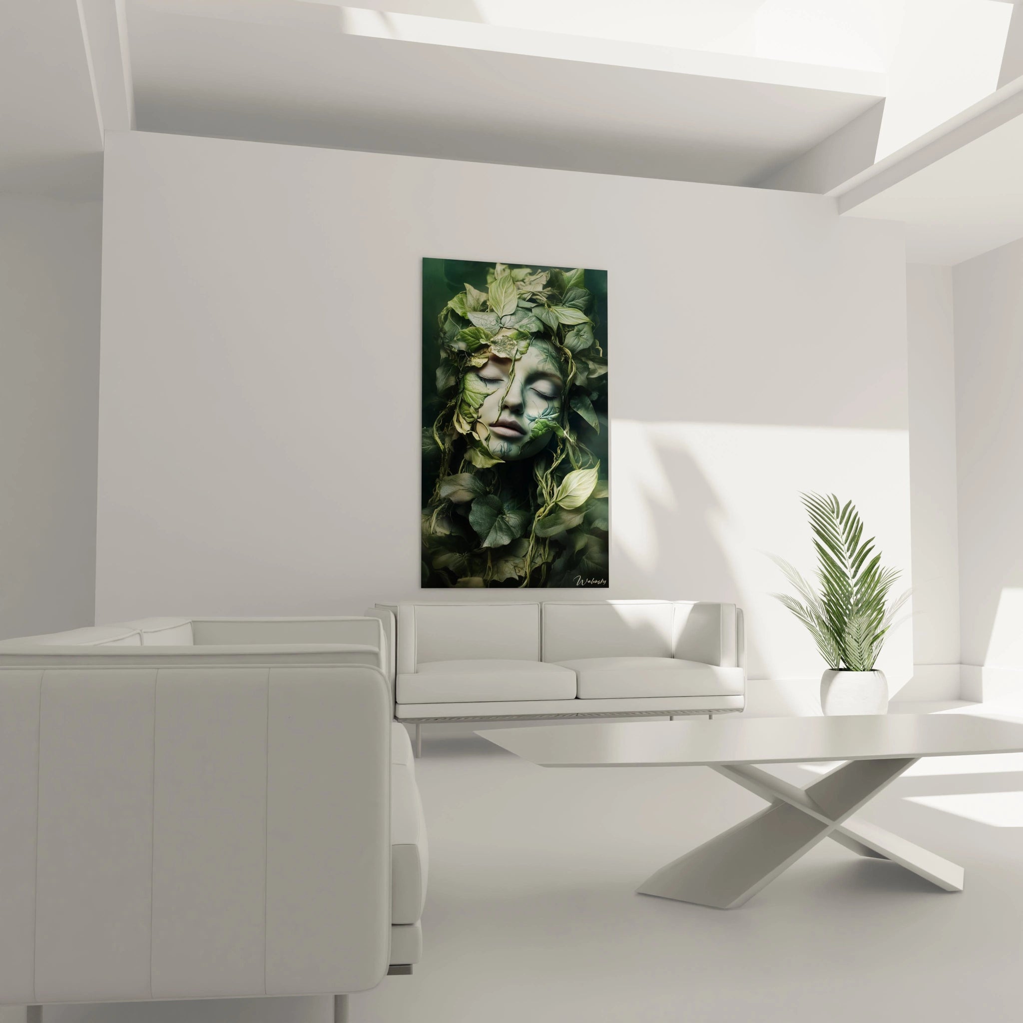 Un tableau visage sylvestre présentant un portrait féminin serein entrelacé de feuillages variés. Les textures lisses de la peau et les surfaces nervurées des feuilles créent un contraste tactile sur fond vert sombre, suggérant une fusion mystique avec la nature.
