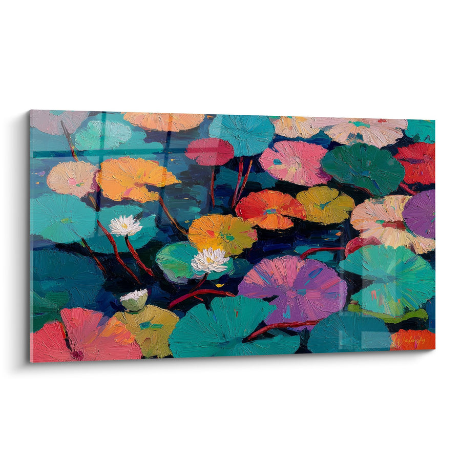 Schilderij Gekleurde Waterlelies in Levendige Tinten op Blauw Water - Meerkleurig Palet - Waterlelie Editie