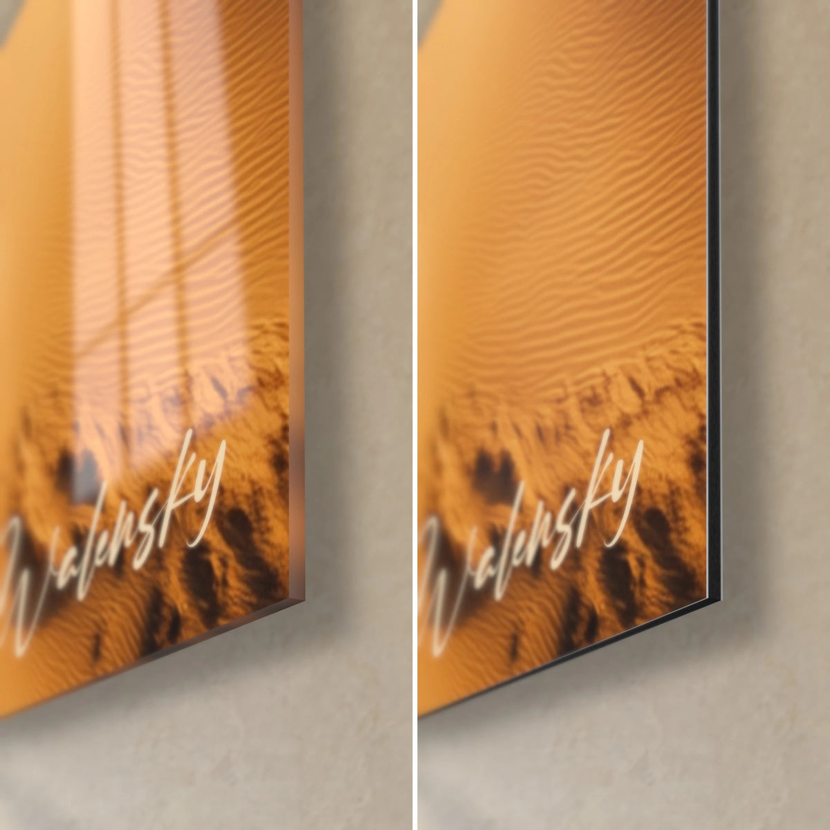 Wall art aerial view of a water hole, bottom right corner: orange sand and white signature, glossy glass and matte Dibond, 3 mm thickness