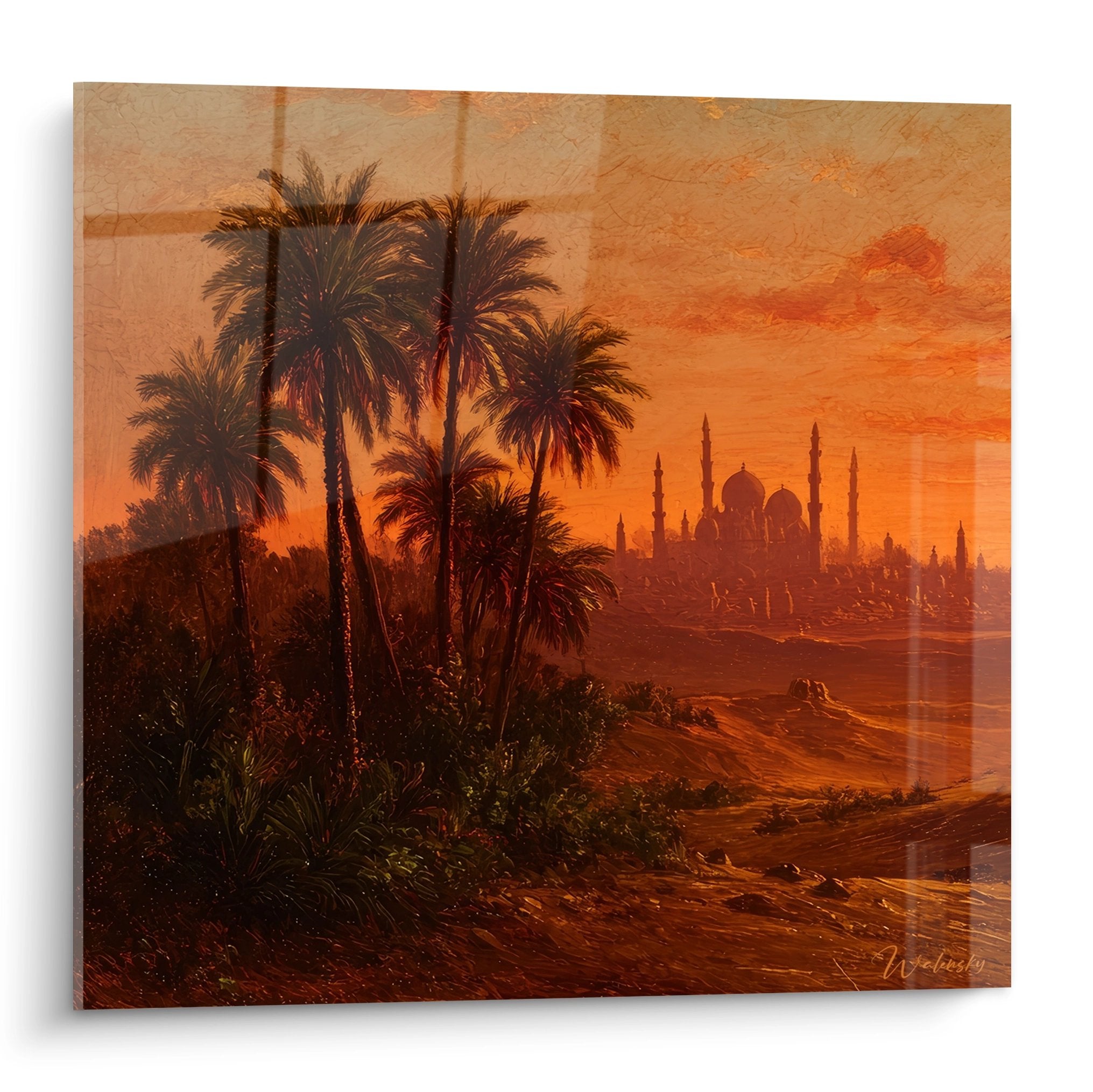 Tableau mural oasis orientale avec palmiers et mosquée au coucher du soleil tons dorés