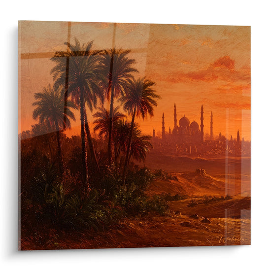 Quadro murale oasi orientale con palme e moschea al tramonto in tonalità dorate