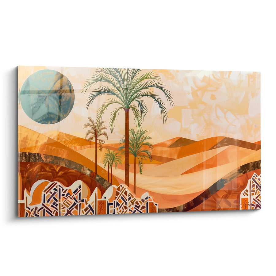 Tableau Oasis aux Palmiers et Dunes Orangées Style Moderne - Sérénité Saharienne - Edition Paysages africains