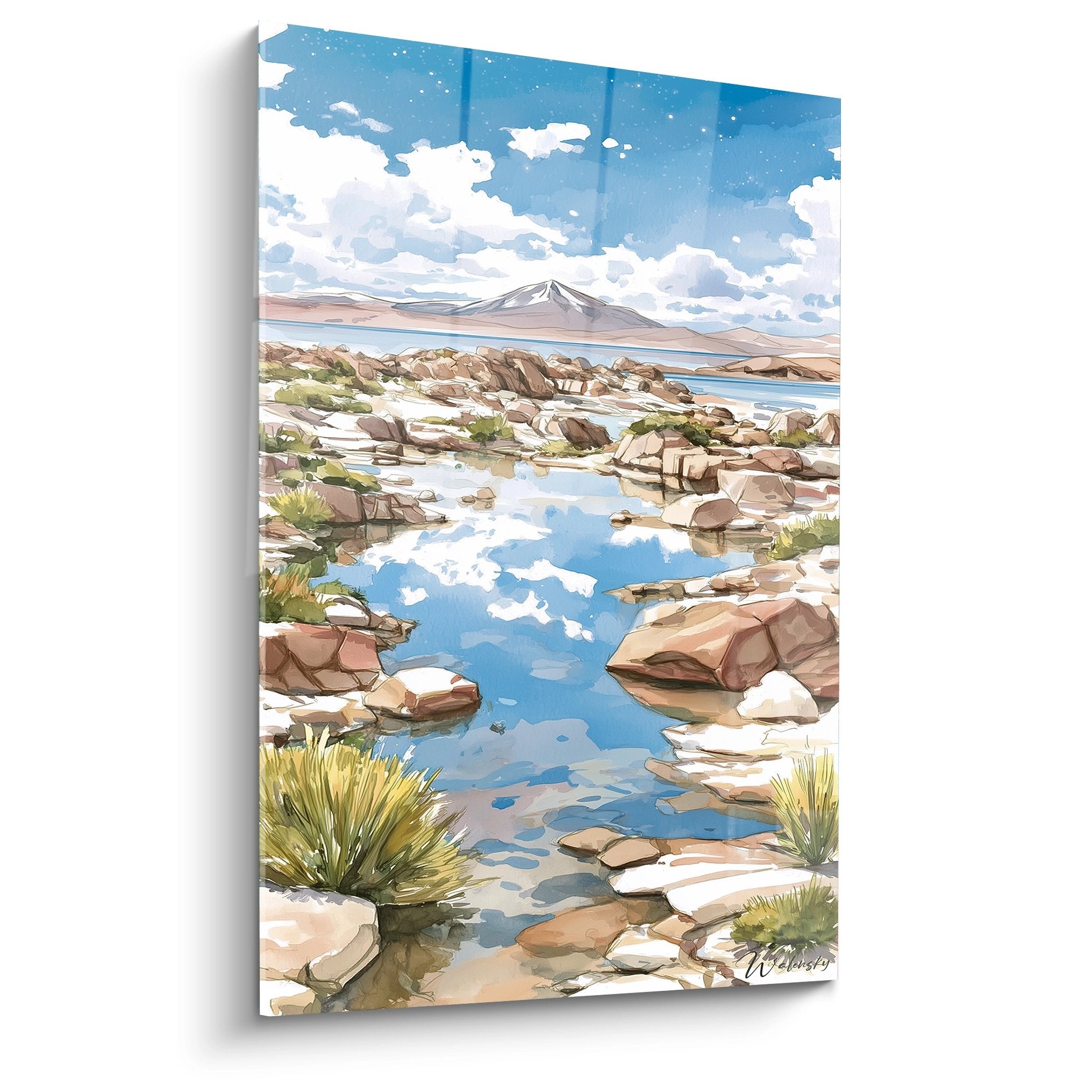 Tableau mural oasis rocheuse désert avec reflets célestes et formations géologiques spectaculaires