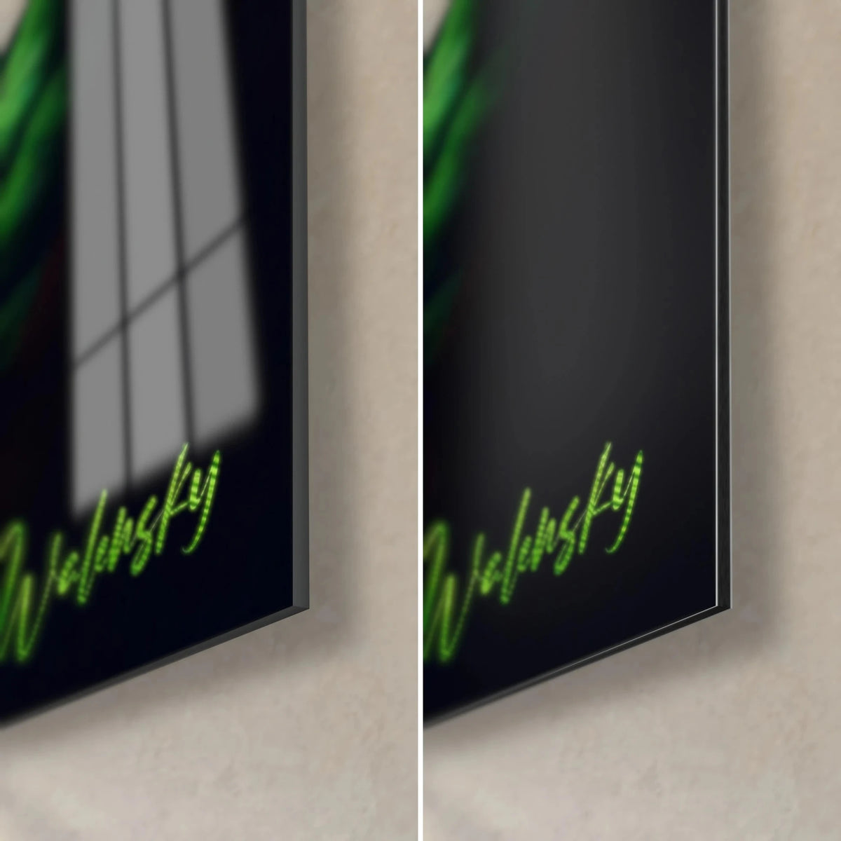 Wall art of a secret oasis, lower right corner: glossy acrylic glass on the left, matte black Dibond aluminum on the right, green Walensky signature