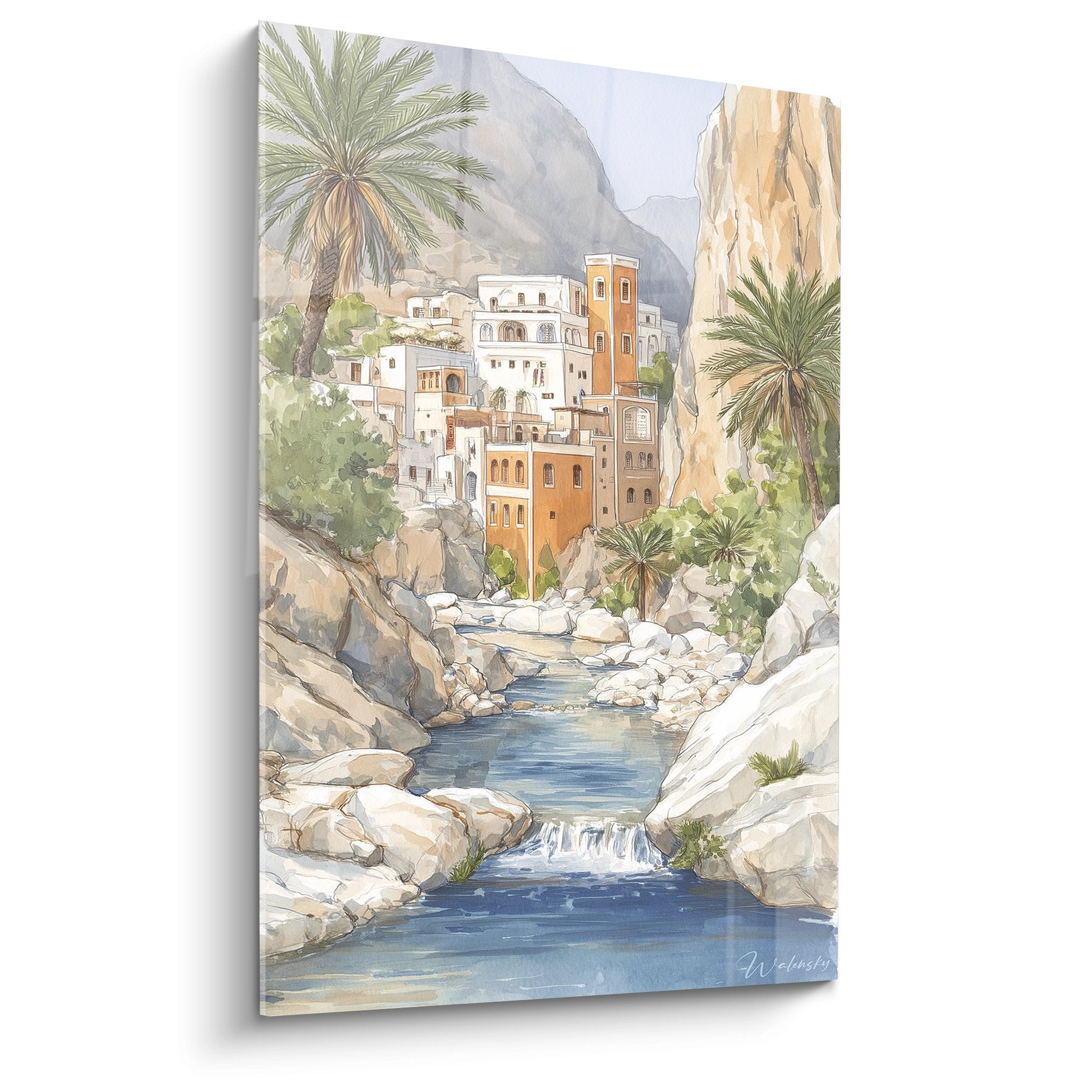 Tableau mural oasis village palmiers dans wadi rocheux avec rivière et architecture traditionnelle canyon