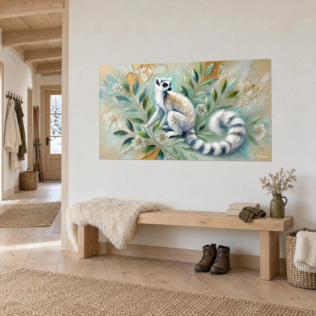 Wall art striped-tail primate perched among turquoise and golden eucalyptus branches, thick textured paint relief, entrance in light wood