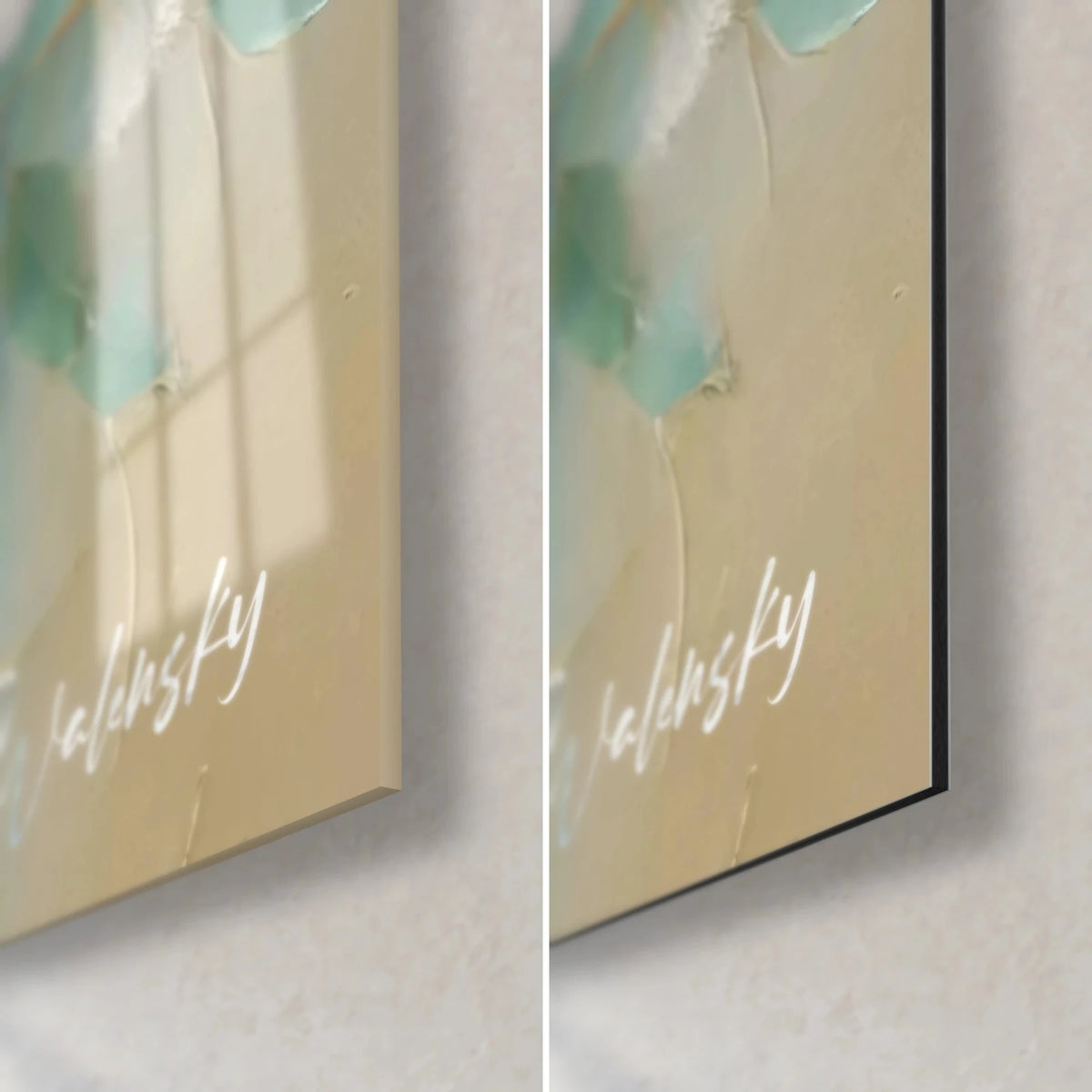 Wall art lemur with orange eyes, bottom right corner: glossy acrylic glass with reflections, matte beige Dibond aluminium and 3 mm edge