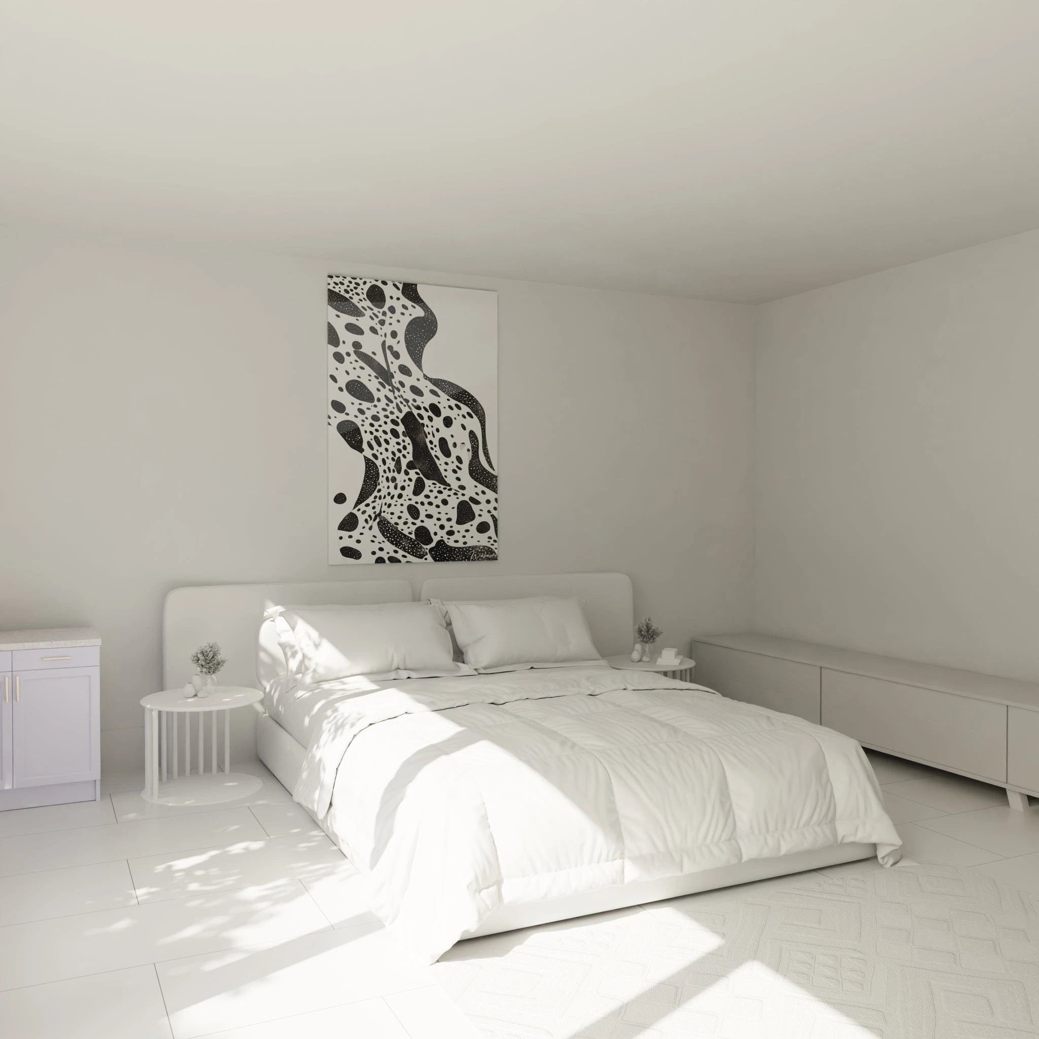 Tableau tacheté noir et blanc Walensky accroché dans une chambre moderne lumineuse