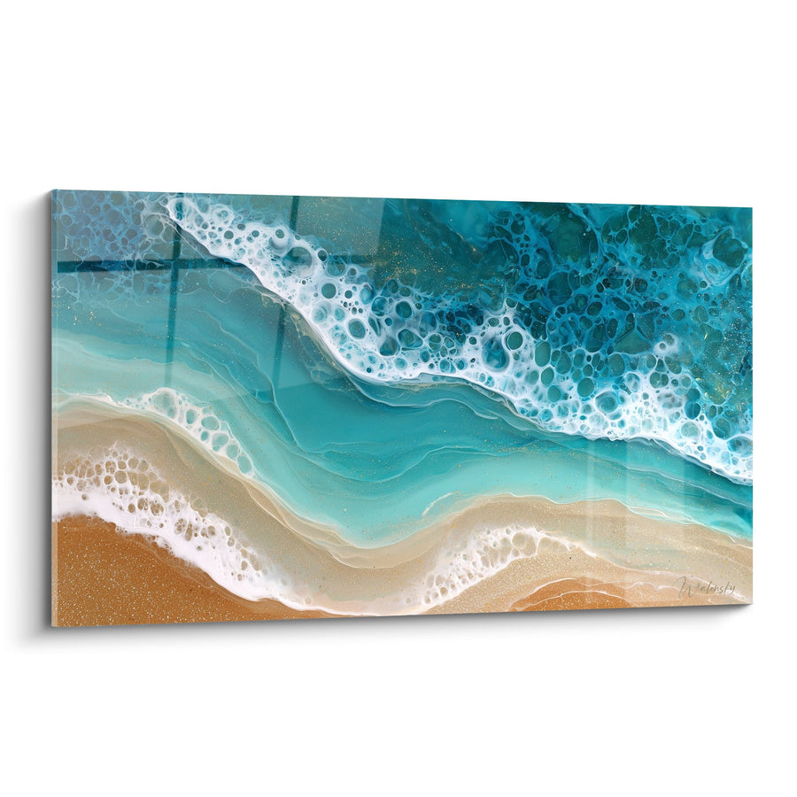 Tableau vagues océan turquoise et plage dorée avec écume blanche - Rivage Azur - Edition Feng shui Nord Eau