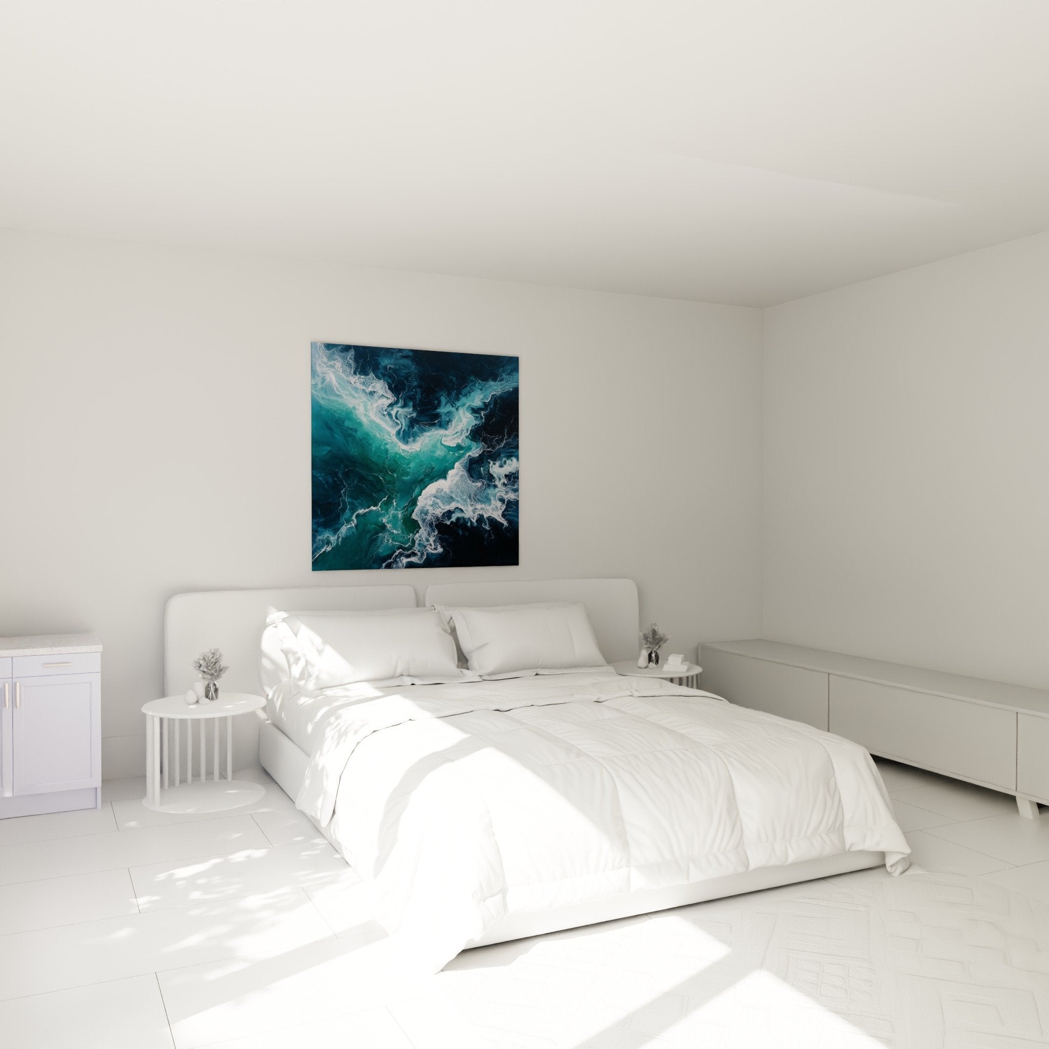 Turquoise ocean flows wall art hanging in a serene modern bedroom