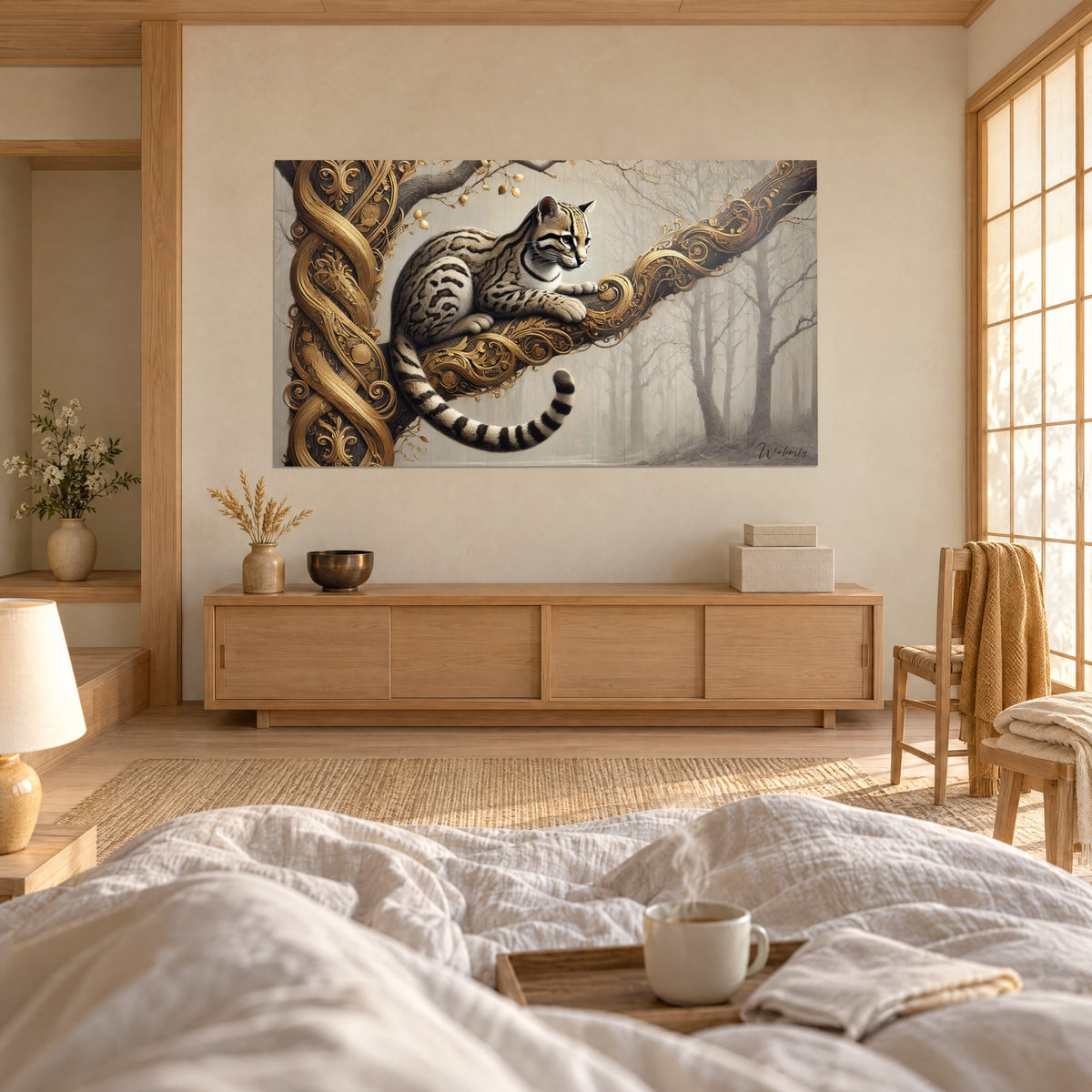 Wall art of a wild cat with brown and cream spots, golden arabesques on the bark, grey forest in mist, above a bed in a bright bedroom