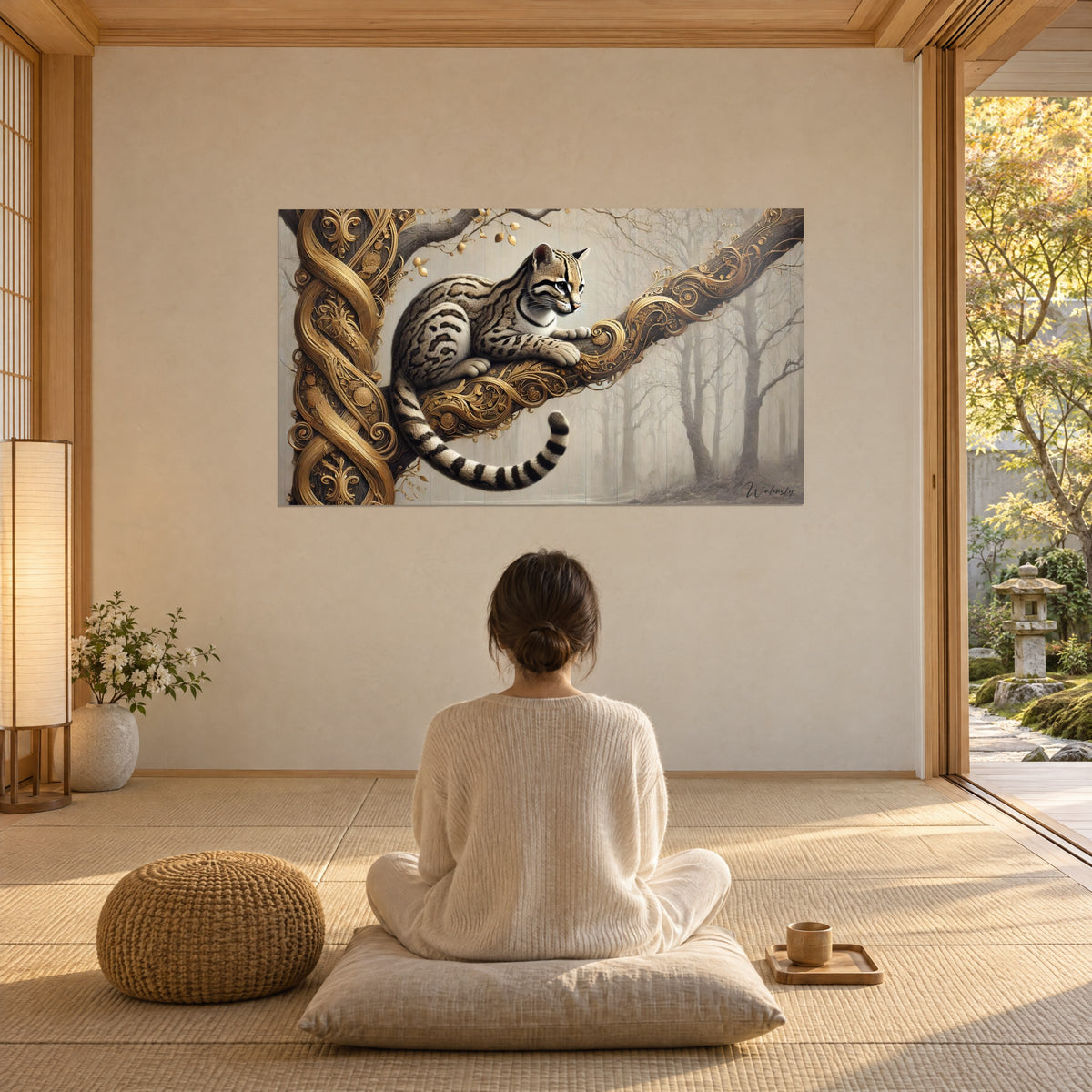 Wall art of an ocelot gazing to the right, tail striped black and cream, golden ornaments, woman seen from behind seated on a cushion facing the wall