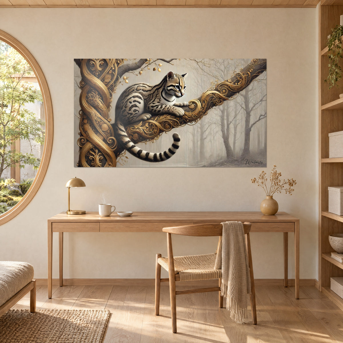 Wall art of a forest panther with tiger-striped fur, golden scrolls and grey trunks in the mist, above a light wood desk beside a round window