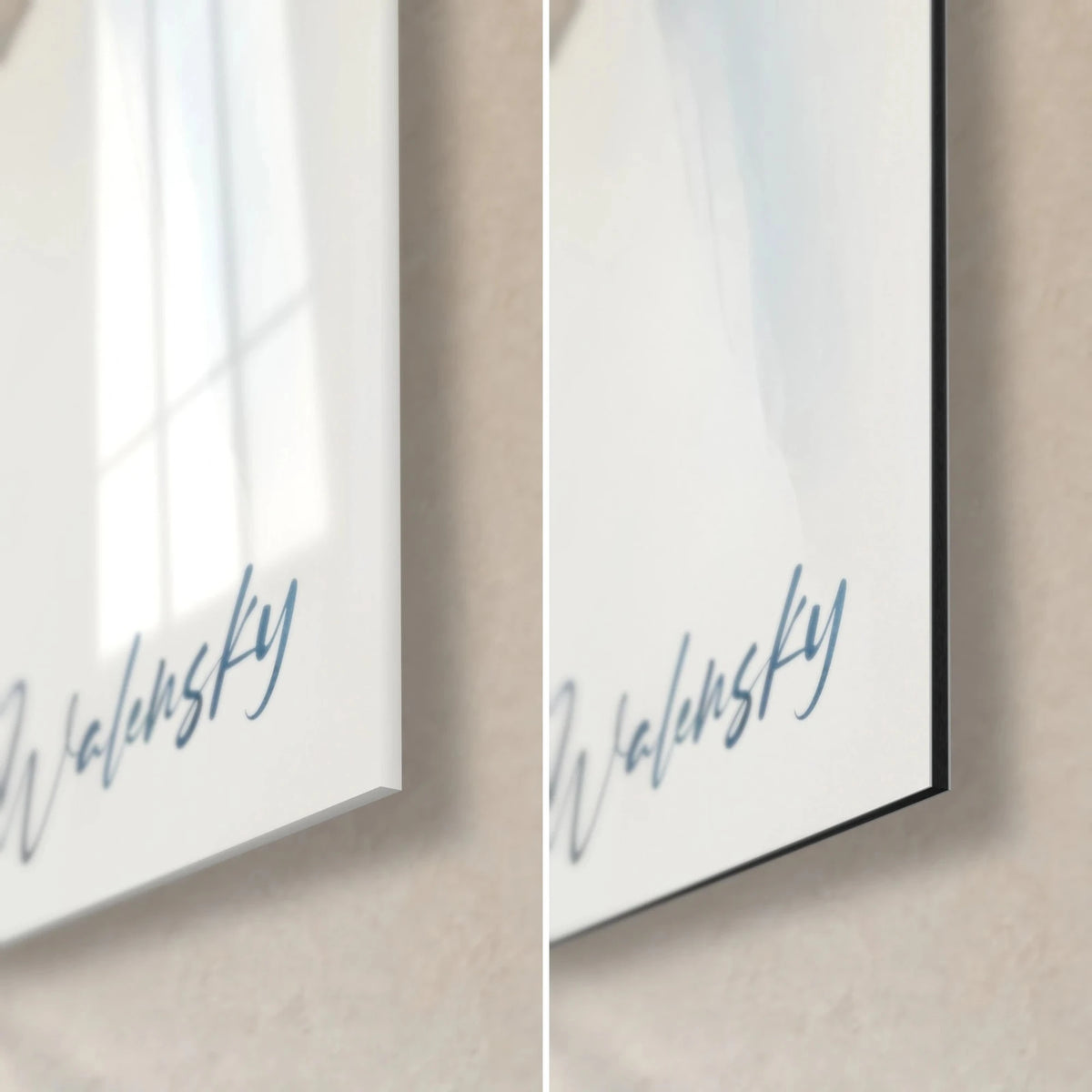 Quadro nastro arcobaleno, angolo in basso a destra, firma blu Walensky, vetro acrilico lucido a sinistra, Dibond nero opaco a destra