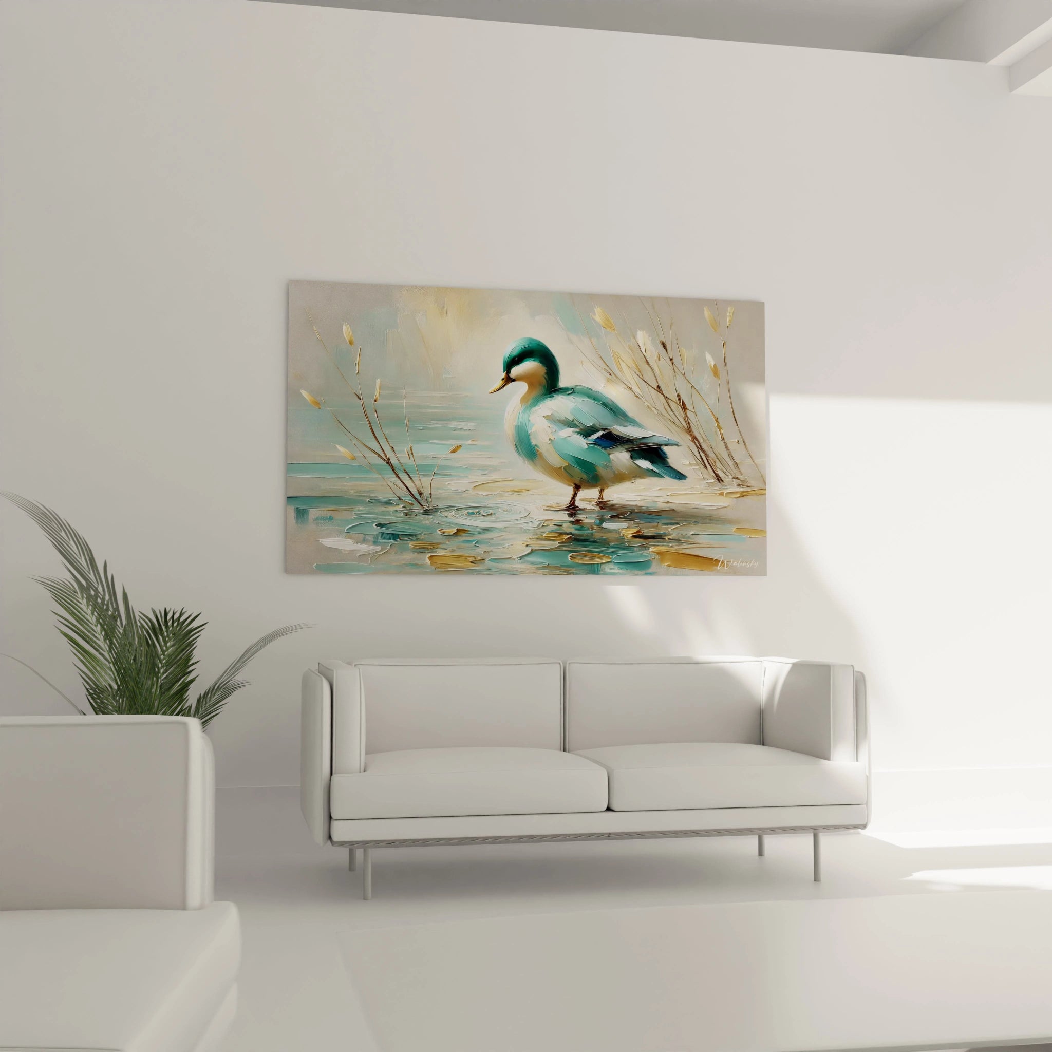 Ce tableau canard au dessus du canapé sublime le salon avec son harmonie de bleu et beige. Une œuvre douce et contemporaine, parfaite pour apporter calme et elegance a votre decoration

