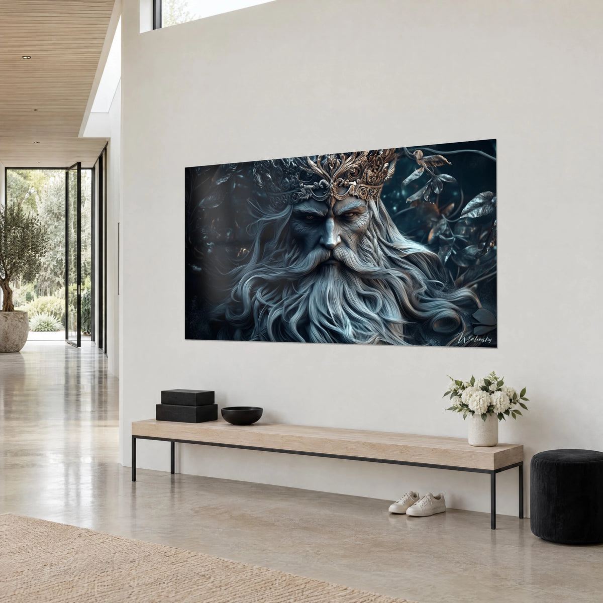 Schilderij van Odin met lang parelgrijs haar, gegraveerde bronzen kroon, nachtblauwe achtergrond van metalen bladeren, driekwart zicht tegen een witte muur