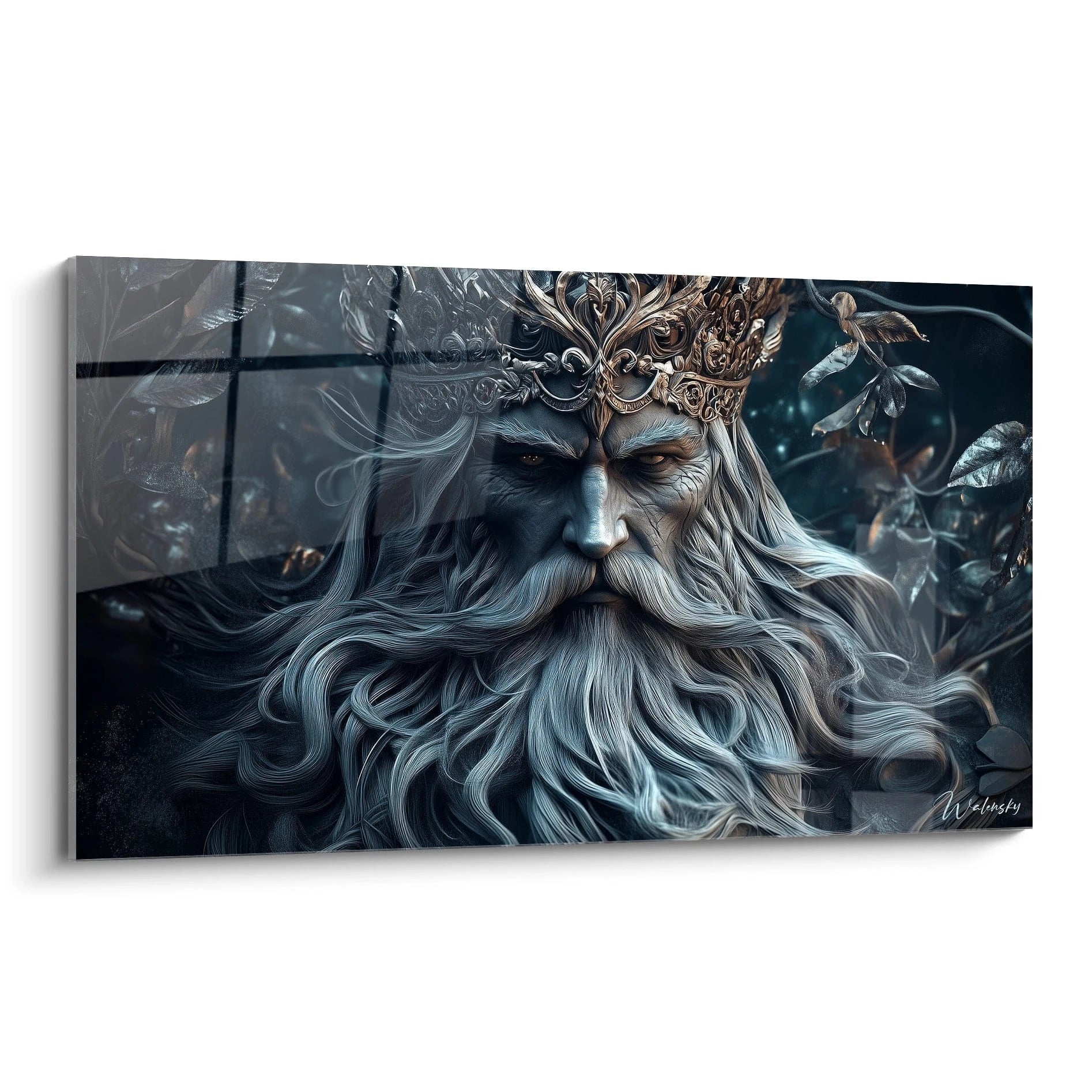 Un tableau roi mythique représentant un souverain au regard intense, portant une couronne dorée ornementée sur fond sombre. La barbe et les cheveux argentés ondulent avec des textures détaillées contrastant avec les tons bleu-noir de l'arrière-plan.

