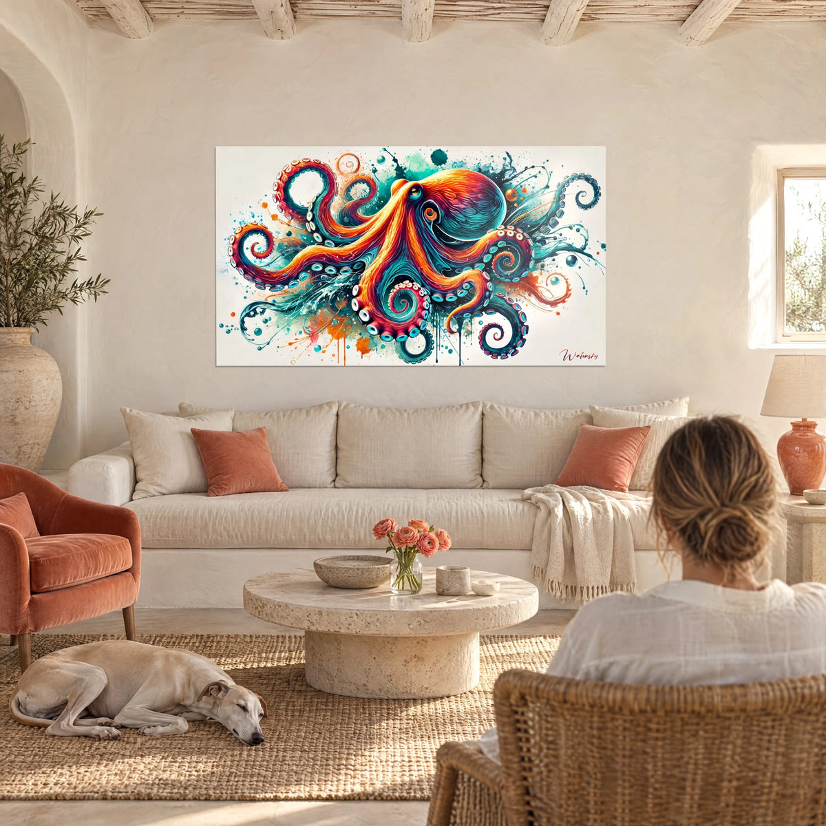 Cuadro pulpo naranja y turquesa con tentáculos en espiral y salpicaduras de tinta, encima de un sofá en un salón luminoso