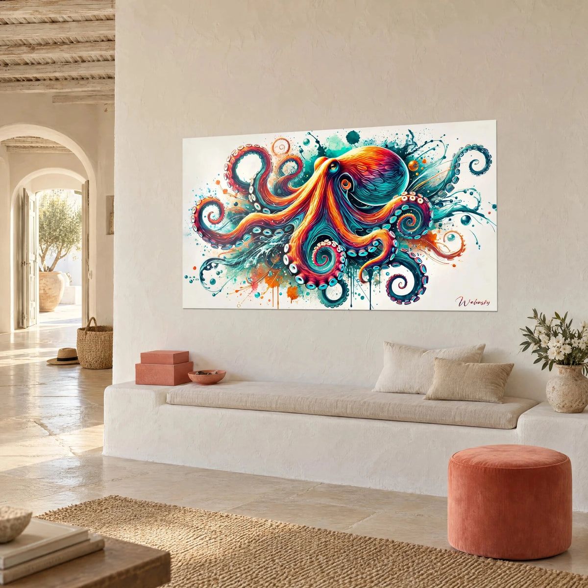 Quadro piovra gigante con ventose color crema bordate di rosso, fondo avorio macchiato di turchese, parete di una casa mediterranea