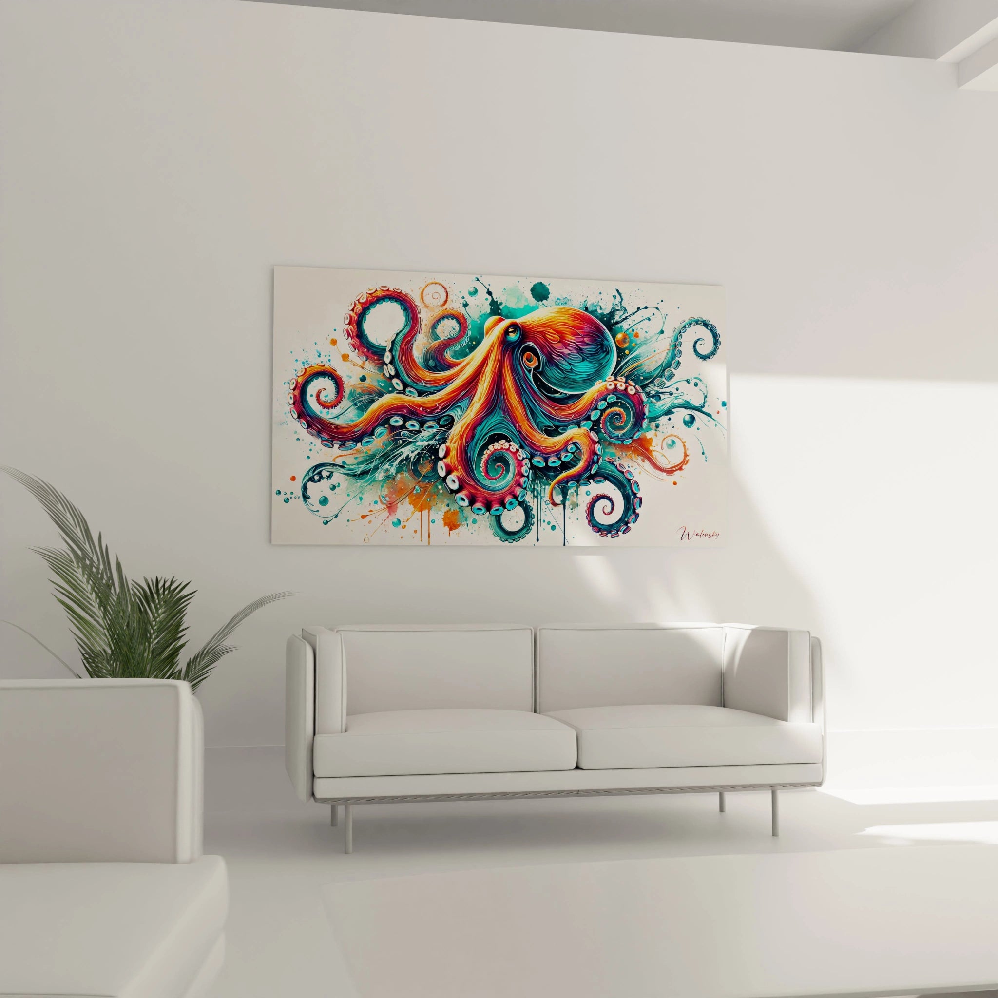 tableau poulpe accroche au dessus d un canapé dans le salon ses couleurs éclatantes et sa composition dynamique apportent vie et energie a votre decoration interieure


