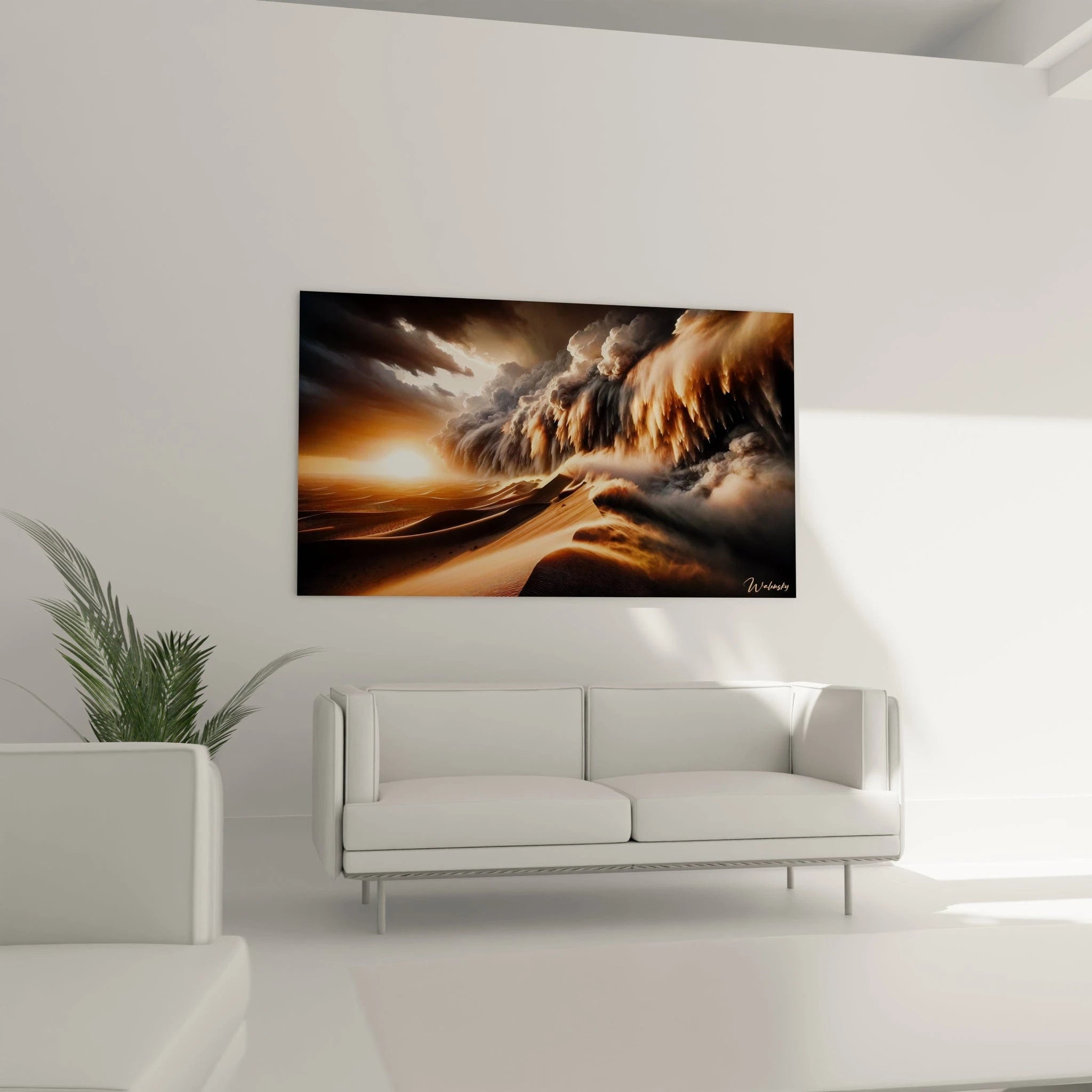 Tableau paysage figurant une tempête de sable sur des dunes éclairées par un soleil couchant, avec tons ocres, noirs et orange, et effets de mouvement atmosphérique.

