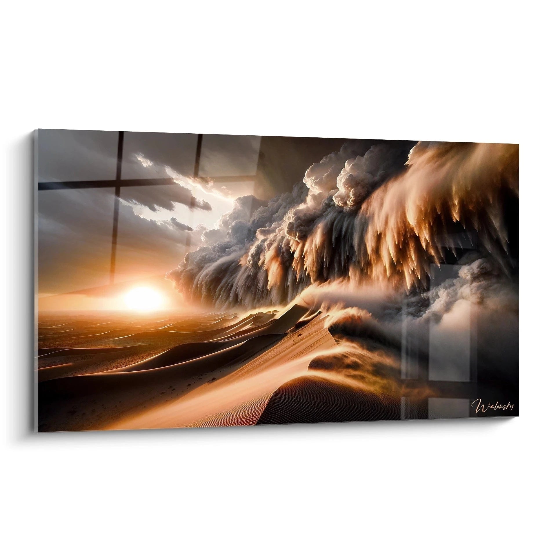 Tableau paysage représentant un désert de dunes au coucher du soleil, avec un ciel chargé de nuages denses aux teintes orange, brune et grise, et textures vaporeuses.

