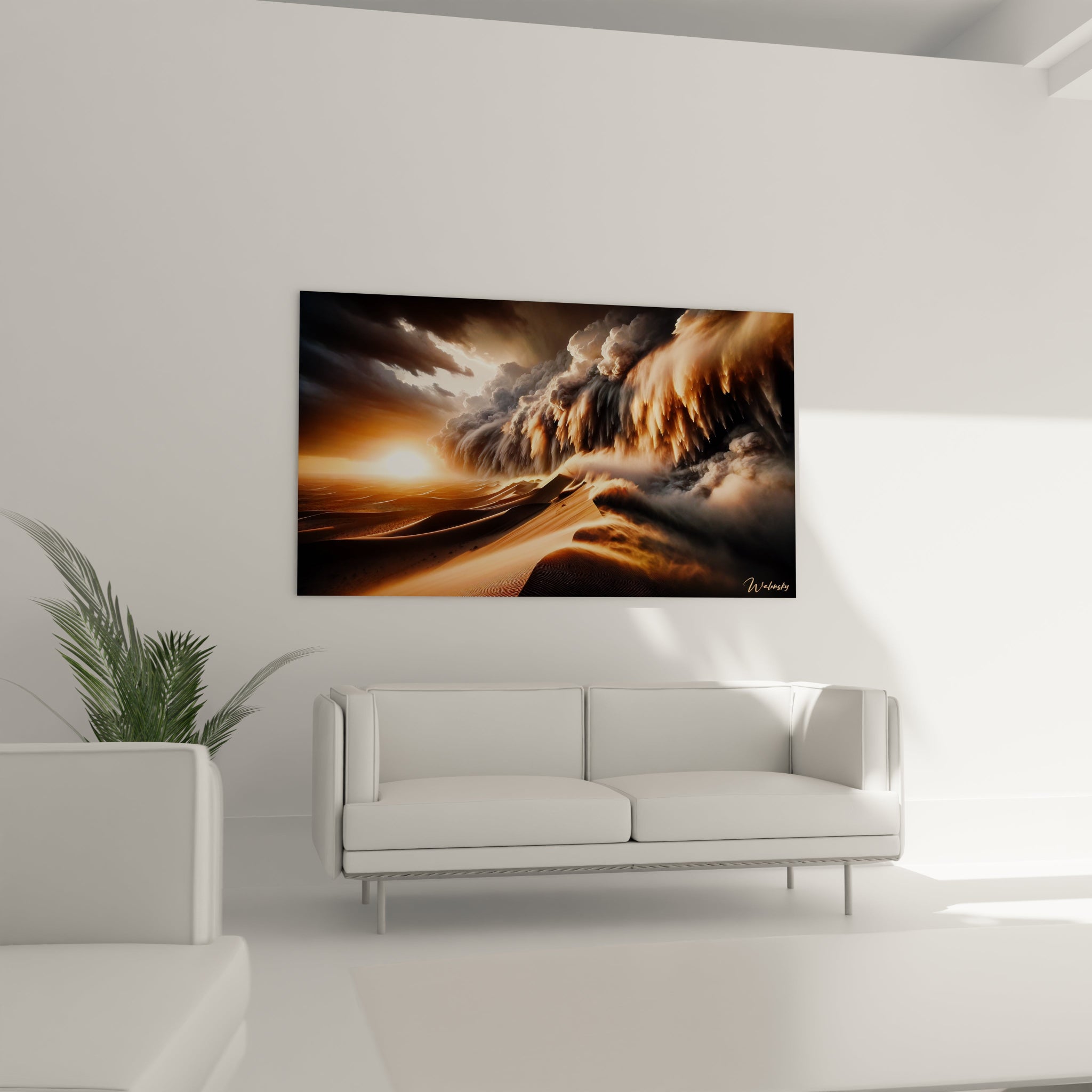 Tableau paysage figurant une tempête de sable sur des dunes éclairées par un soleil couchant, avec tons ocres, noirs et orange, et effets de mouvement atmosphérique.

