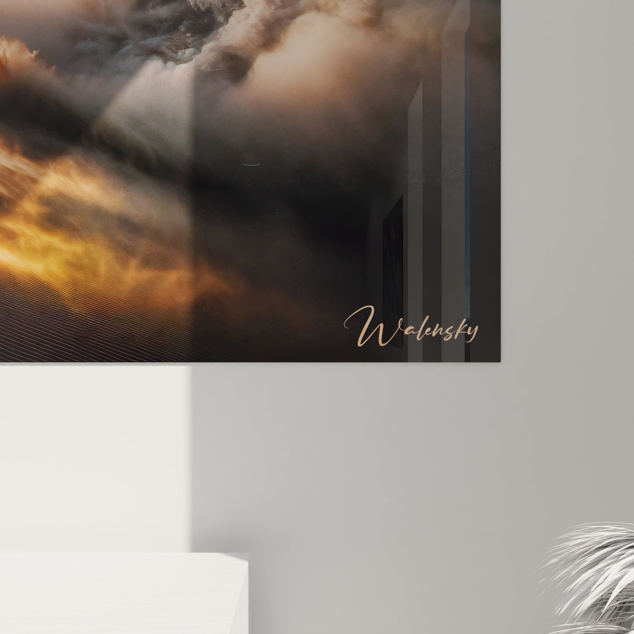 Un tableau paysage centré sur une vaste étendue désertique, soulignée par des nuages orageux tombants, textures tourbillonnantes et dégradés lumineux sur les crêtes.


