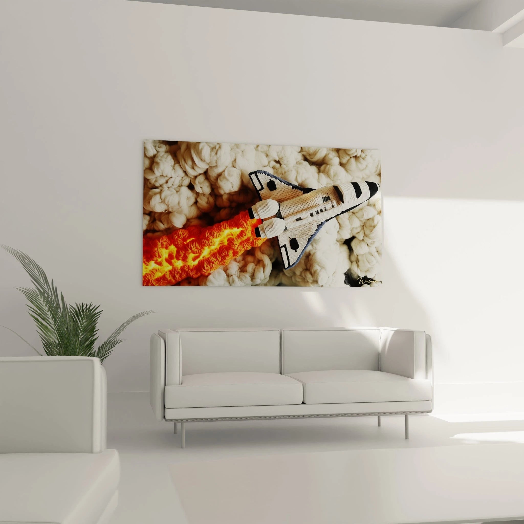 Un tableau textile fusée spatiale en crochet blanc avec détails noirs, s'élevant à travers des nuages duveteux blancs, propulsée par des flammes vibrantes orange, combinant technique artisanale et sujet technologique.
