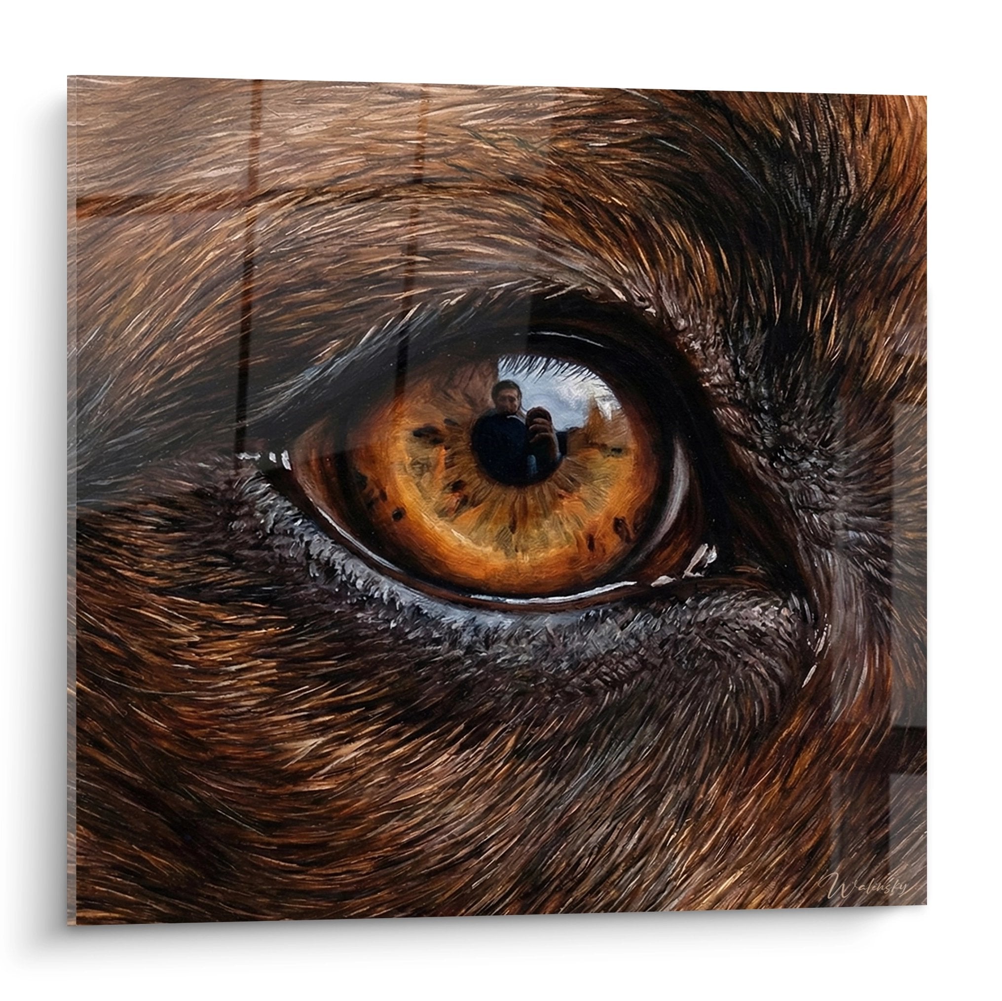 Nahaufnahme des bernsteinfarbenen Auges eines Staffordshire Bull Terriers mit goldenen Reflexen und detailliertem braunem Fell – Tier-Kunstwerk