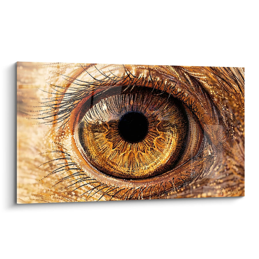 Tableau Œil Doré aux Reflets Cuivrés et Plumes Scintillantes - Regard Hypnotique - Edition Autruche