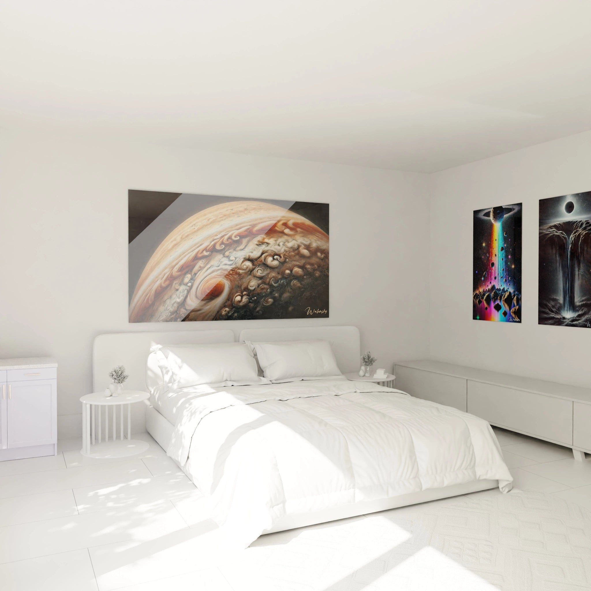 tableau espace suspendu dans une chambre moderne des tourbillons marron et orange illumines par des nuances blanches au-dessus du lit creent une atmosphere paisible et mystique dans la piece

