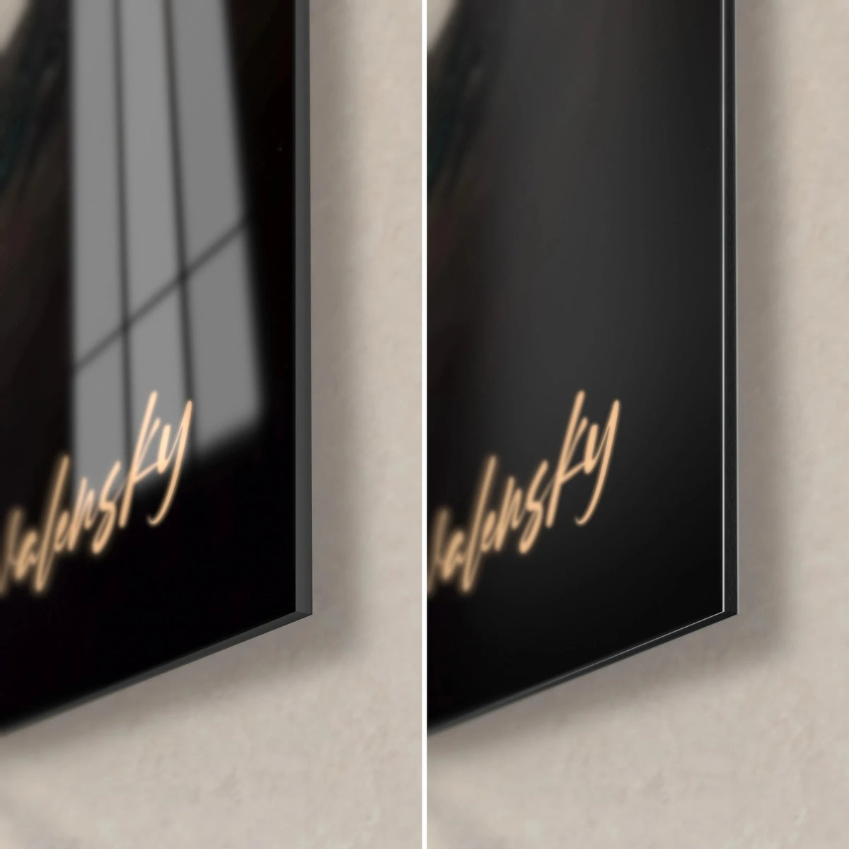Wall art Jupiter's Eye, bottom right corner: glossy glass with reflections on the left, matte black Dibond aluminum on the right, gold signature
