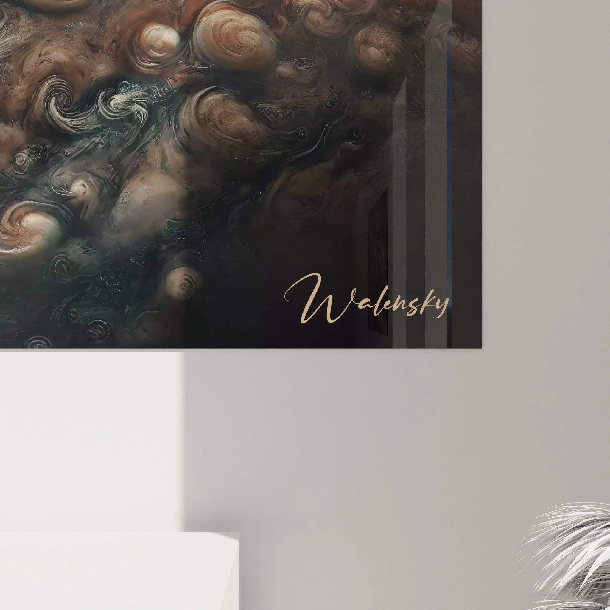 vue rapprochee d un tableau espace montrant des details minutieux des nuances vibrantes marron orange et blanc evoquent la complexite cosmique et la puissance des vents tourbillonnants de Jupiter

