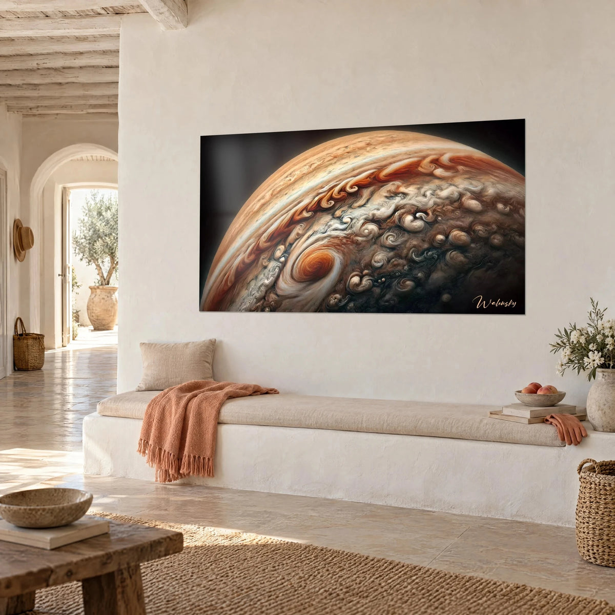 Wall art Jupiter globe with ochre and white bands, large rust-colored spiral storm, on a lime-washed wall beside a bench