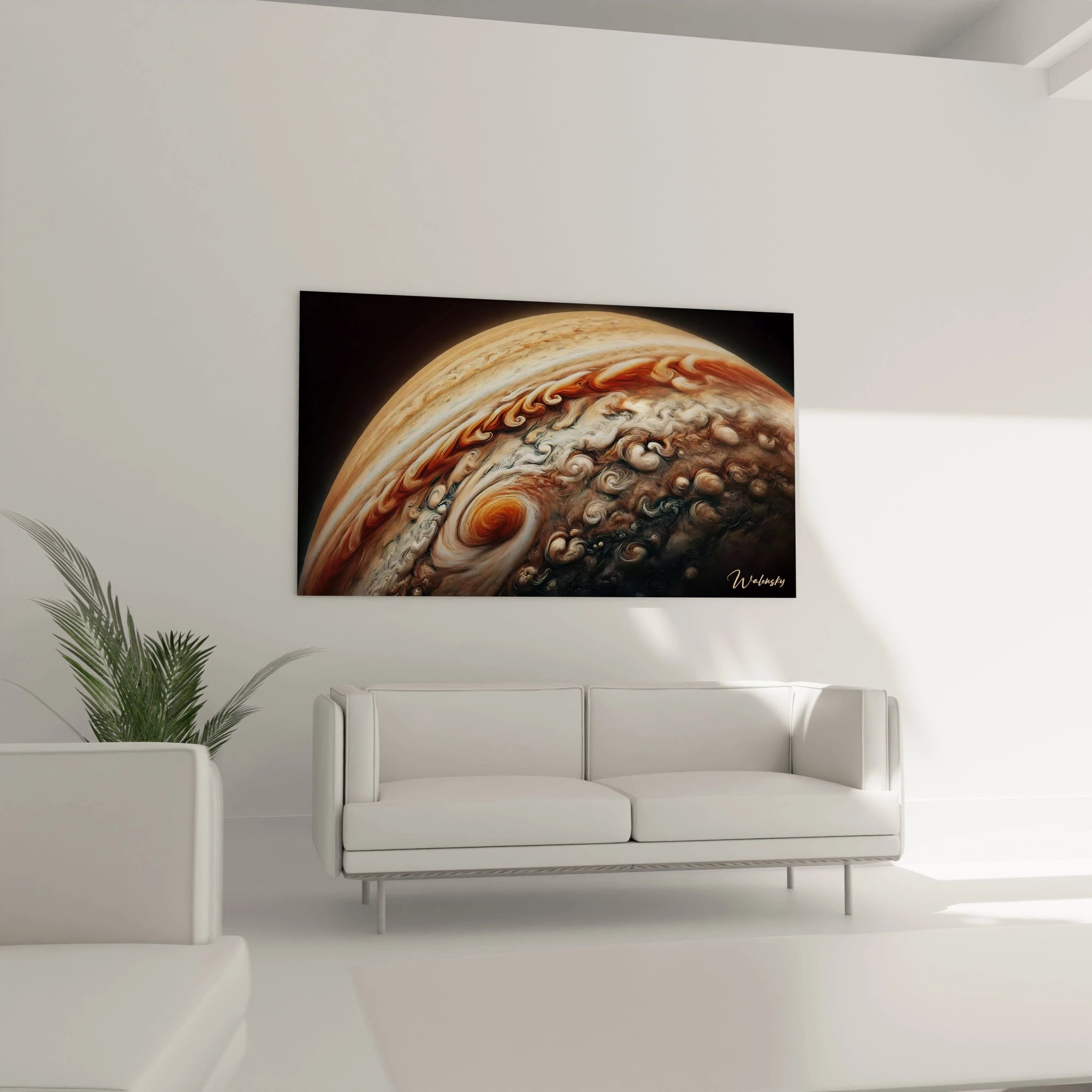 tableau espace accroche dans un salon contemporain au-dessus d un canape les textures fluides et les teintes orange marron et blanc capturent le mouvement hypnotique des tempetes de Jupiter

